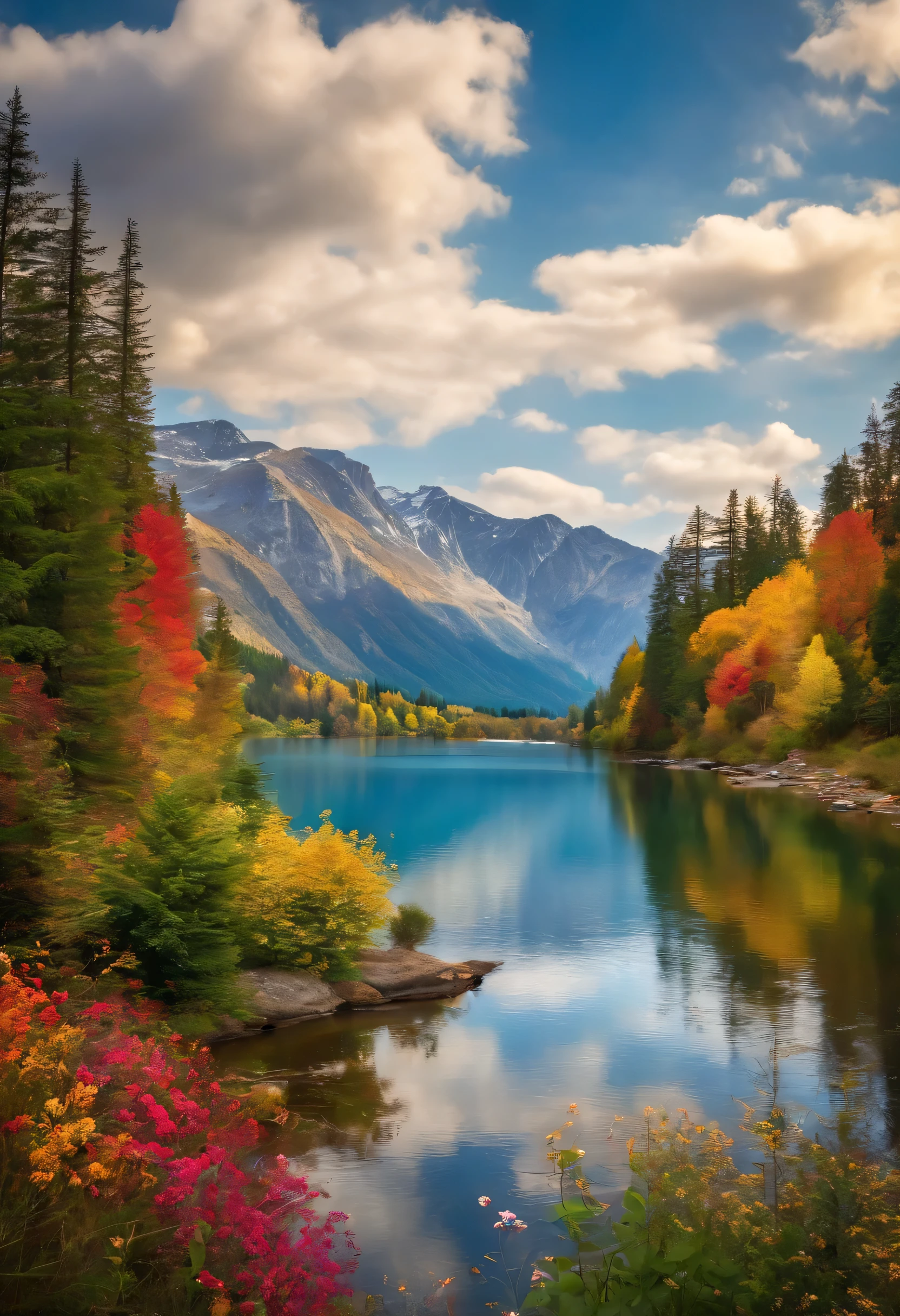 A beautiful natural landscape, mountains, colorful trees, blue sky with some white clouds, wild flowers, a lake