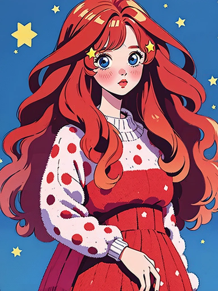 (masterpiece, best quality:1.2), 1 girl, alone,red wavy hair,Light fluffy long hair, star hairclips, blue eyes, ichika nakano, polka dot sweater,Sweater details,clean background