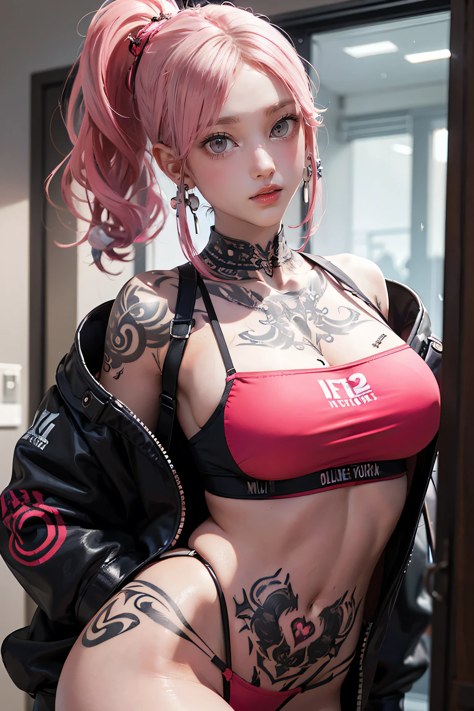 Pink Hair, Perfect Style, Beautiful Face, Highly detailed face and skin texture, (Maximum resolution: 1.2), 1 female, alone, Hip Up, jewelry, (((She has many tattoos all over her body)), Streetwear, I&#39;Exercising at the gym, Pink Hair, Shorts, Sports boots, (((Tight waist))), ((Big Breasts)),NSFW