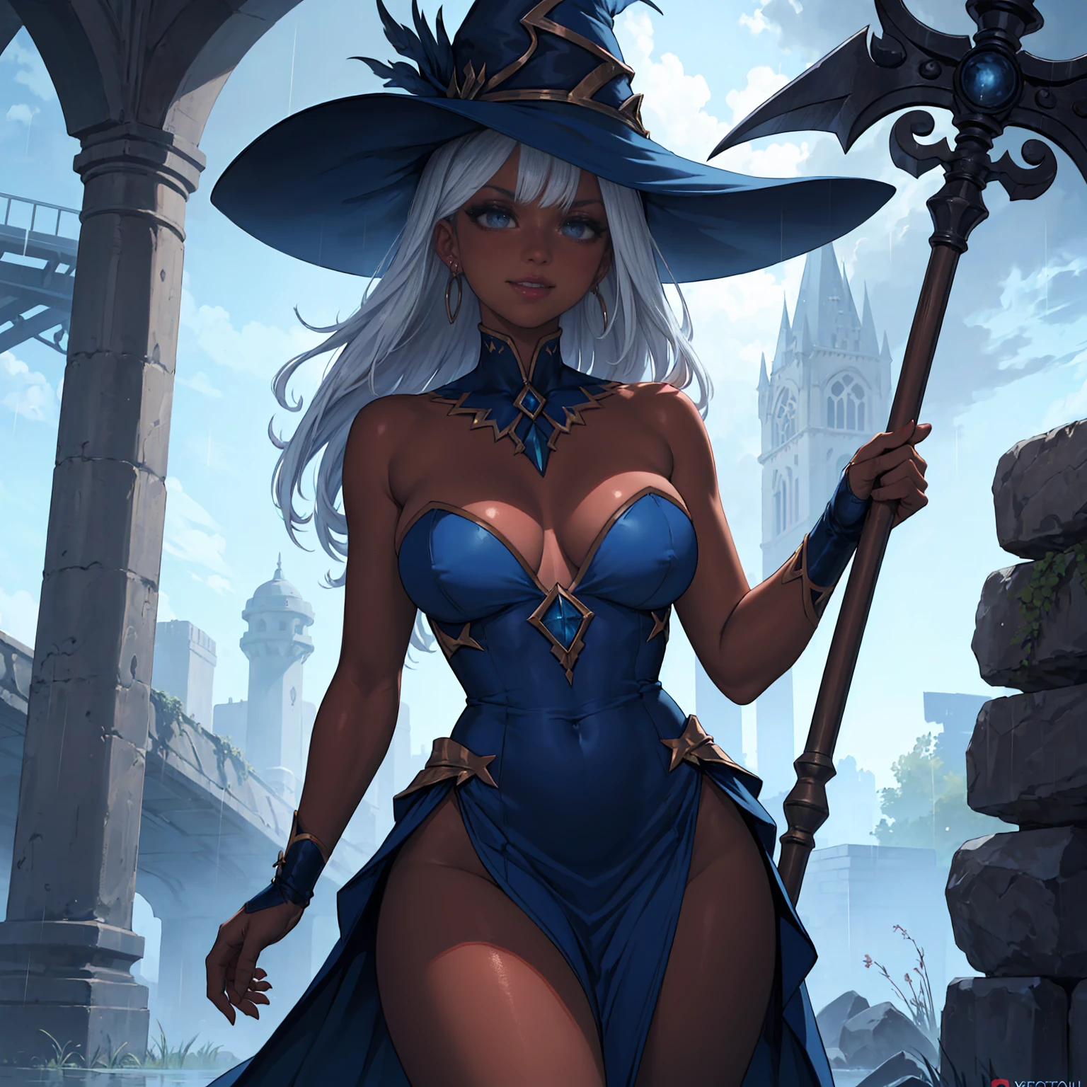 sorceress, ((long hair, grey hair, bangs, glowing blue eyes, wide eyes, lipstick, makeup, narrow waist, skinny, medium breasts, alone, sorceress hat, white earrings)), pelvic curtain, ((evil witch in strapless dark blue dress,tulle dark blue skirt)), full body, perfect body, (insanely detailed, beautiful detailed face, masterpiece, best quality) , (((solo))), (((1girl))), (((mature))), (extremely detailed 8k paper CG wall unit: 1.1), (stone bridge, raining, storm), (evil smile face for the viewer), Staff in hand