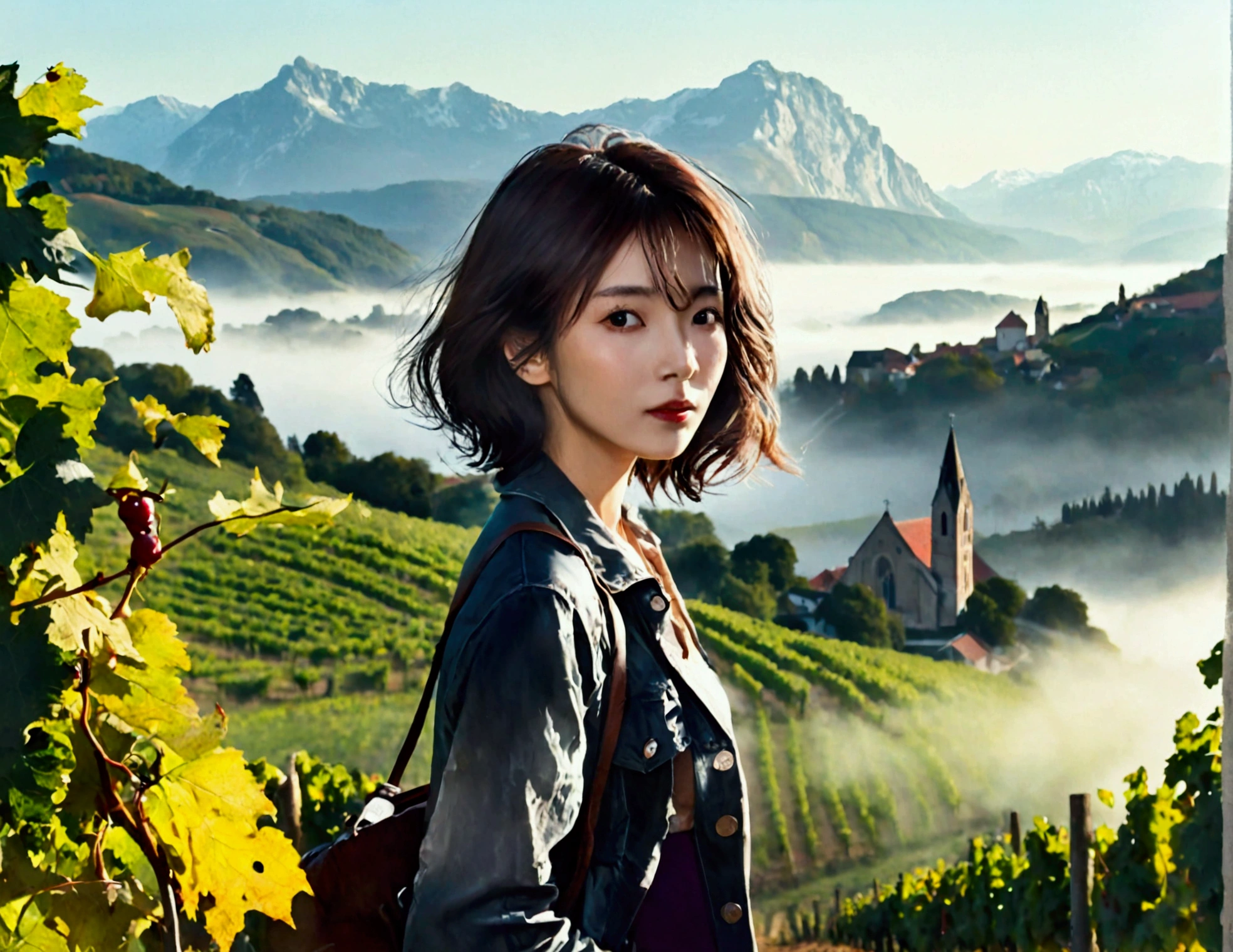 Woman in a beautiful landscape 8K highest quality, Beautiful 36-year-old Korean woman, Chest size 34 inches, Passing through the vineyards in the Swiss countryside, the cathedral is visible through the early morning fog., The back background is realistic and vivid image quality, short medium hair, Casual and British - (summer jacket) ,Perfect and realistic photos, The background is realistic. Full body shot with Canon camera 16-35 wide angle lens, expressionless, Walking up a vineyard hill covered in thick fog., Looking at the front camera