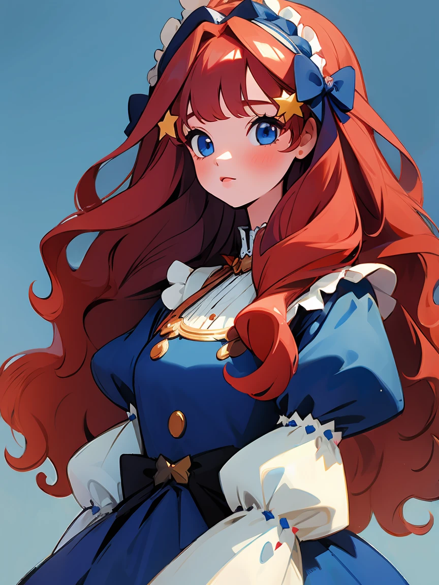 (masterpiece, best quality:1.2), 1 girl, alone，red wavy hair，Light fluffy long hair，bow headband，star hairclips, blue eyes, itsuki nakano,  indigo dress, deep blue dress, ornate dress,, puffy sleeves, juliet sleeves, clean background