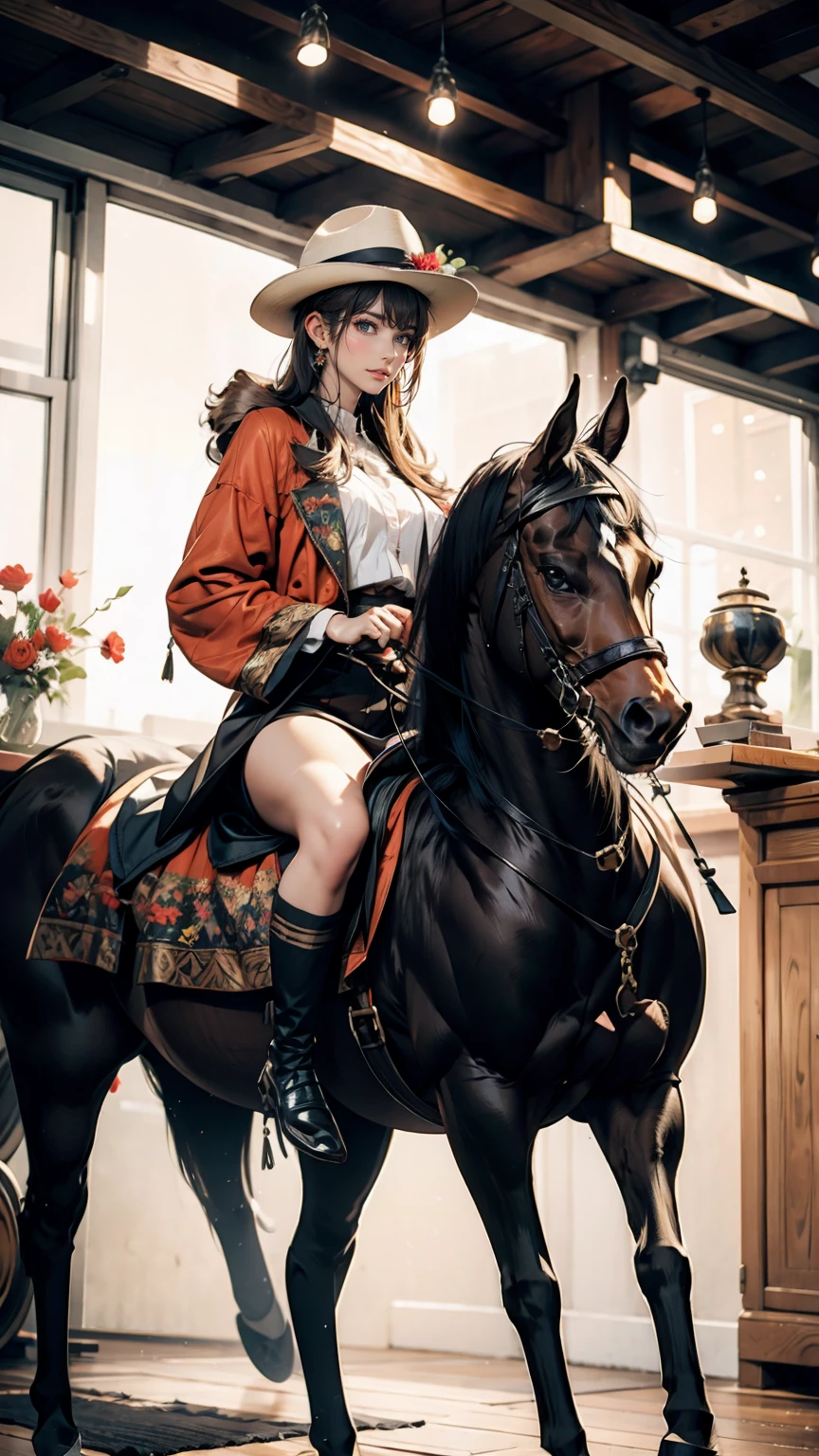 horse riding、That's Pegasus、Art Nouveau style、White women、Long Hair、Platinum Blonde、Angel wings grow、Women are warrior maidens