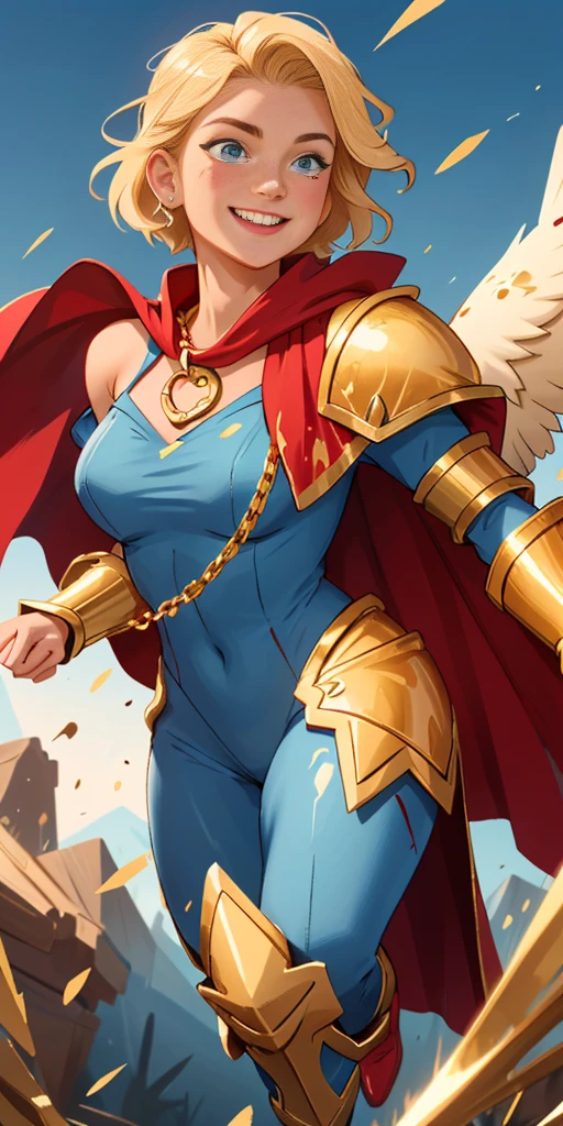 Young female, blonde with short hair, with big, bright blue eyes, wearing a blue costume, defined chest, wearing a golden shoulder pad in the shape of an eagle, with a golden chain running across his chest holding a red cape Smiling with blood splash on face and clothes