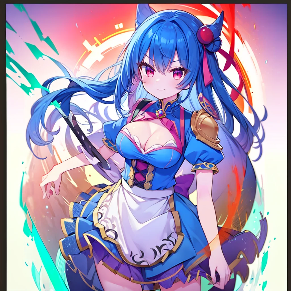 (masterpiece),best quality, perfect face, 1girl, beautiful, legendary hero girl, blue armor, blue long hair, Red eyes, evil smile, medium breast, cleavage, holding a sword, looking at viewer, fantasy background, holding a katana