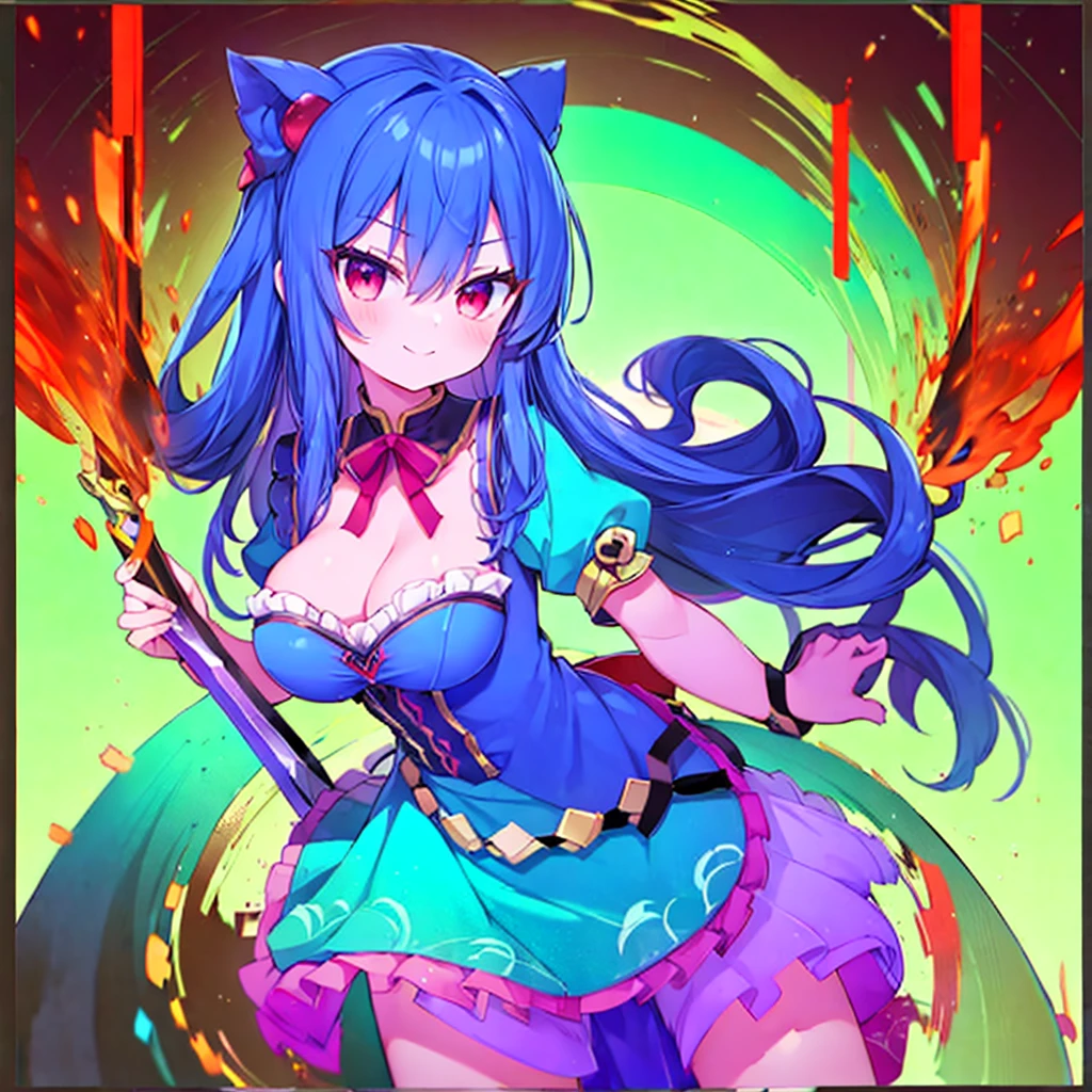 (masterpiece),best quality, perfect face, 1girl, beautiful, legendary hero girl, blue armor, blue long hair, Red eyes, evil smile, medium breast, cleavage, holding a sword, looking at viewer, fantasy background, holding a katana