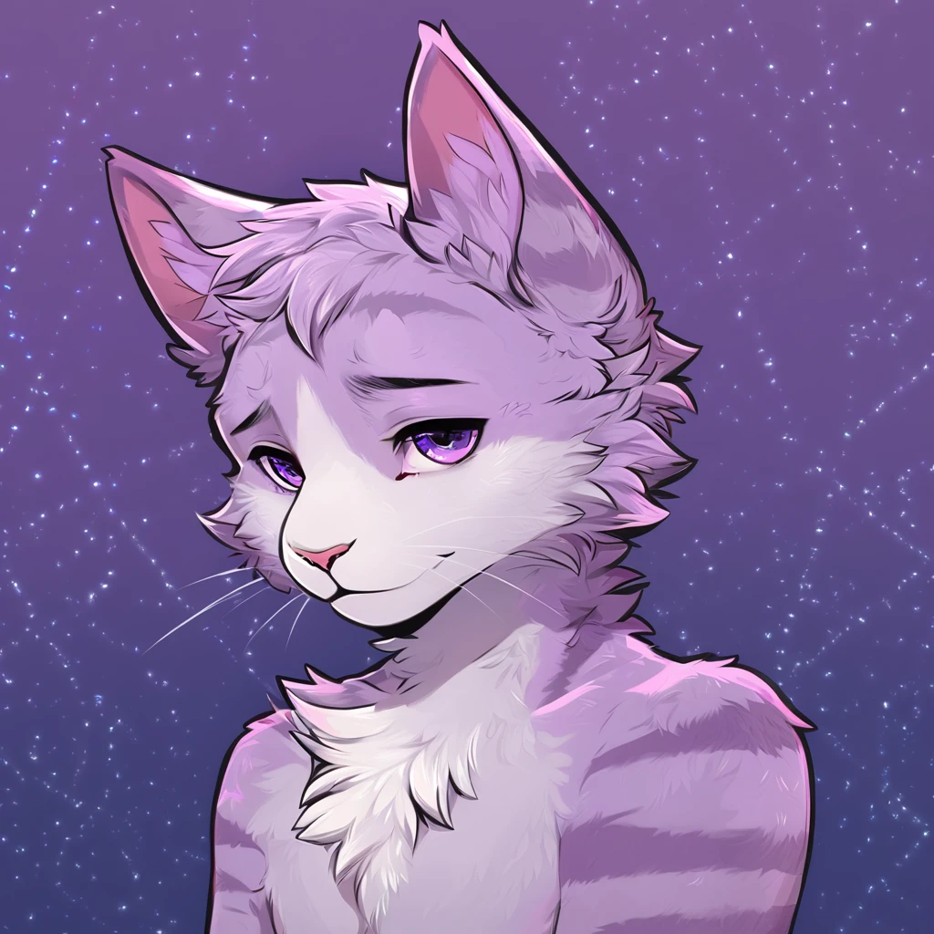adult, feline, mammal, anthro, anthropomorphic, cat, striped, fur, striped_feline, fur, male, light_purple_fur, purple_hair, fluffy, white_chest, shy, small_pupils, digital_art, high_resolution, high_res, detailed, hand-drawn, pencil_lines, head_visible, background, neck_visible, seductive_face, detailed_line_work, profile_picture, head_visible, neptune_background, purple_background, cute, white, posing, paw_fingers, individual_fingers, finger_paws, dreaming_pose, headshot, head_only, small_pupils, seductive_face, tufts, paws, chest, glossy_fur, vibrant_colors, expressive_eyes, elegant_pose, high_quality, looking_at_viewer, day_dreaming_expression, thoughtful_pose, relaxed_hand_pose