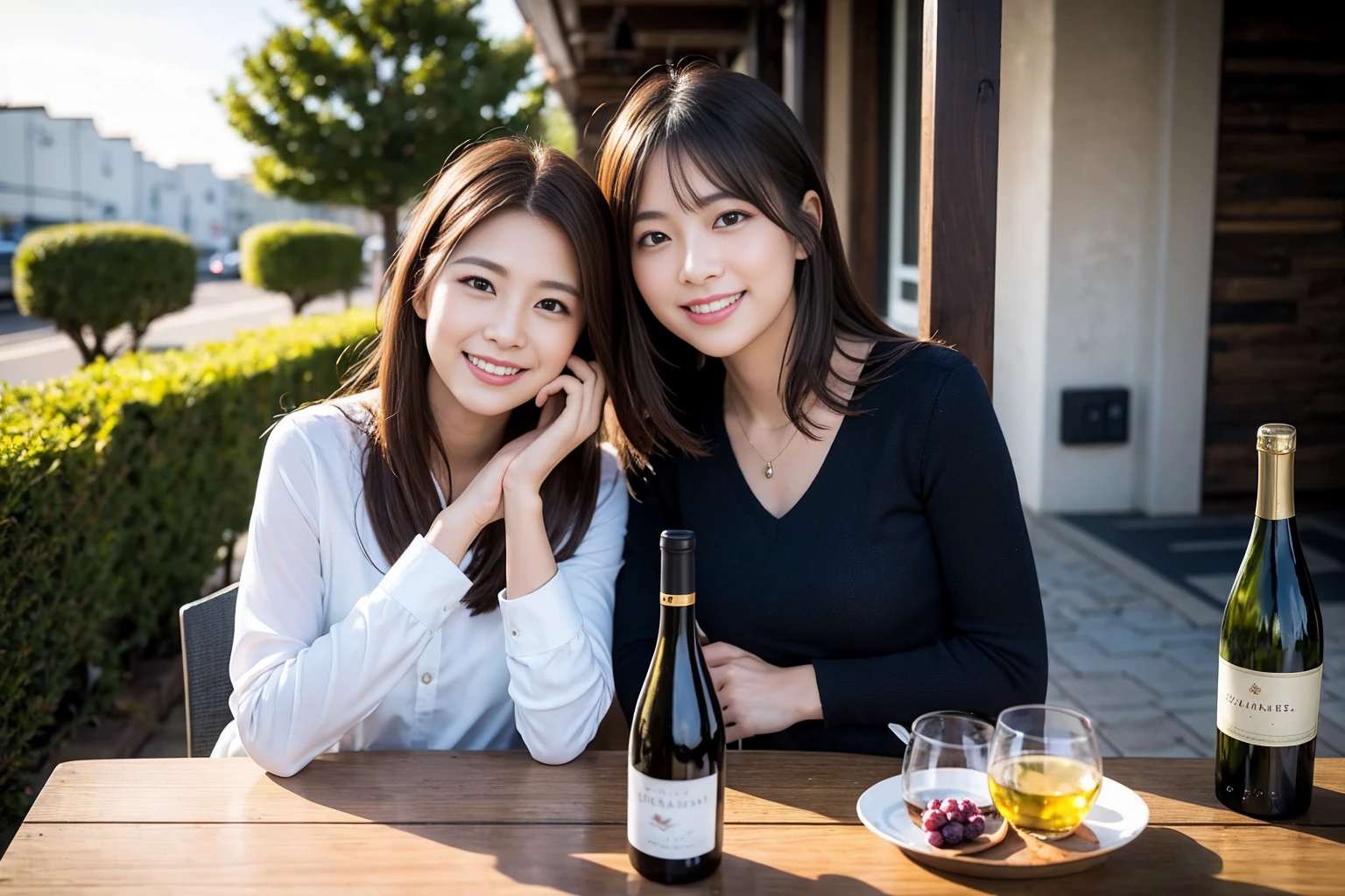 ((Highest quality、8K、masterpiece:1.3))、1 male 1 female,37 years old 39 years old、Slim Beauty、Beautiful couple、Upper Body、smile、 (Slim face), (the body is スリム), (Brown Hair), (Shortcuts), テーブルのフルコースディナーとwine glass、Amazing view of the sunset sky and clouds、smileの美しさ、Wine bottle、sparkling wine、Long sleeve shirt、dress、White wine, red wine, wine glass, Beautiful fine grain, Depth f/2,saturation, High Contrast, Strong light and shadow,Moist Body:1.5、 texture、The hair is very shiny、