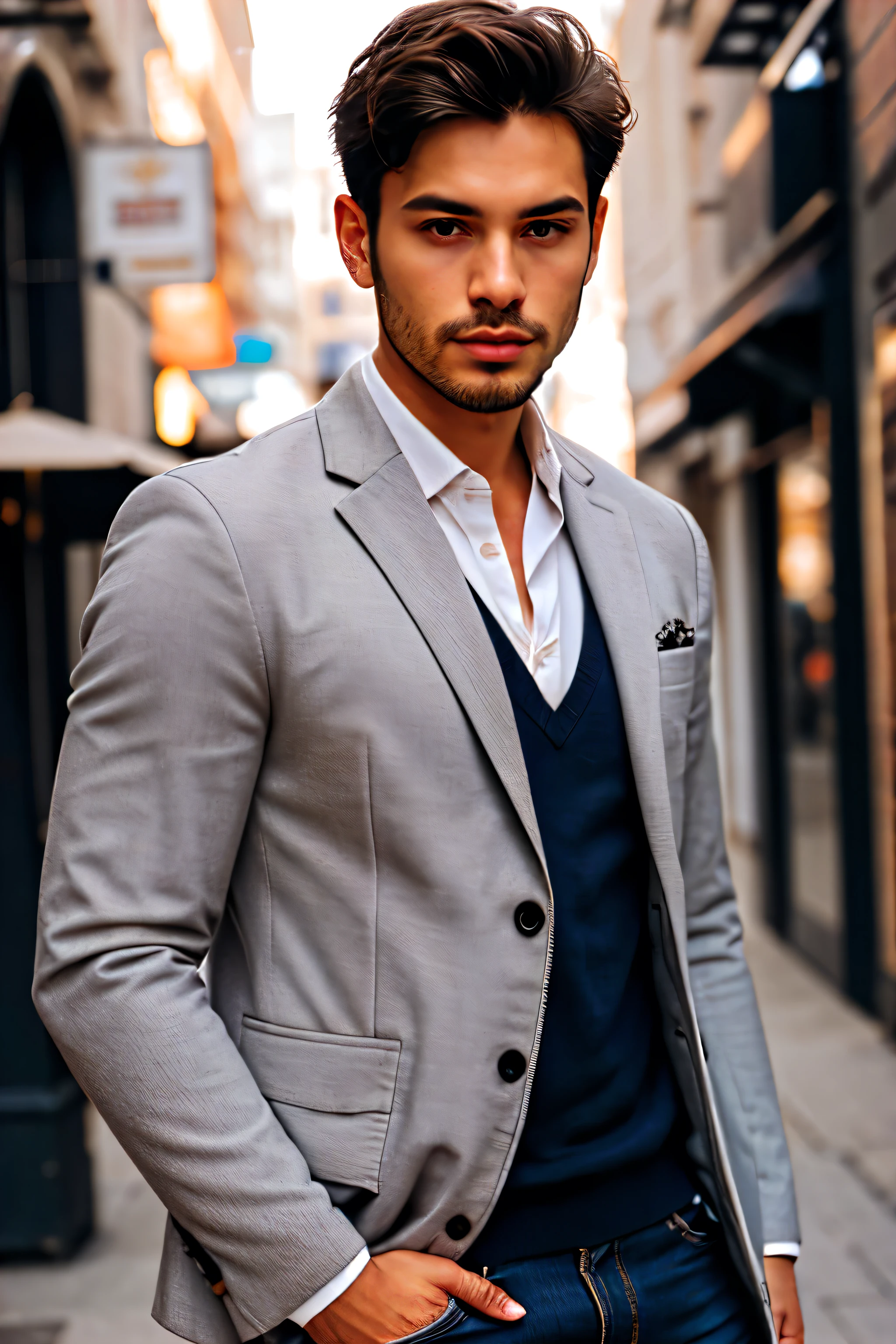A man wears a blazer jacket