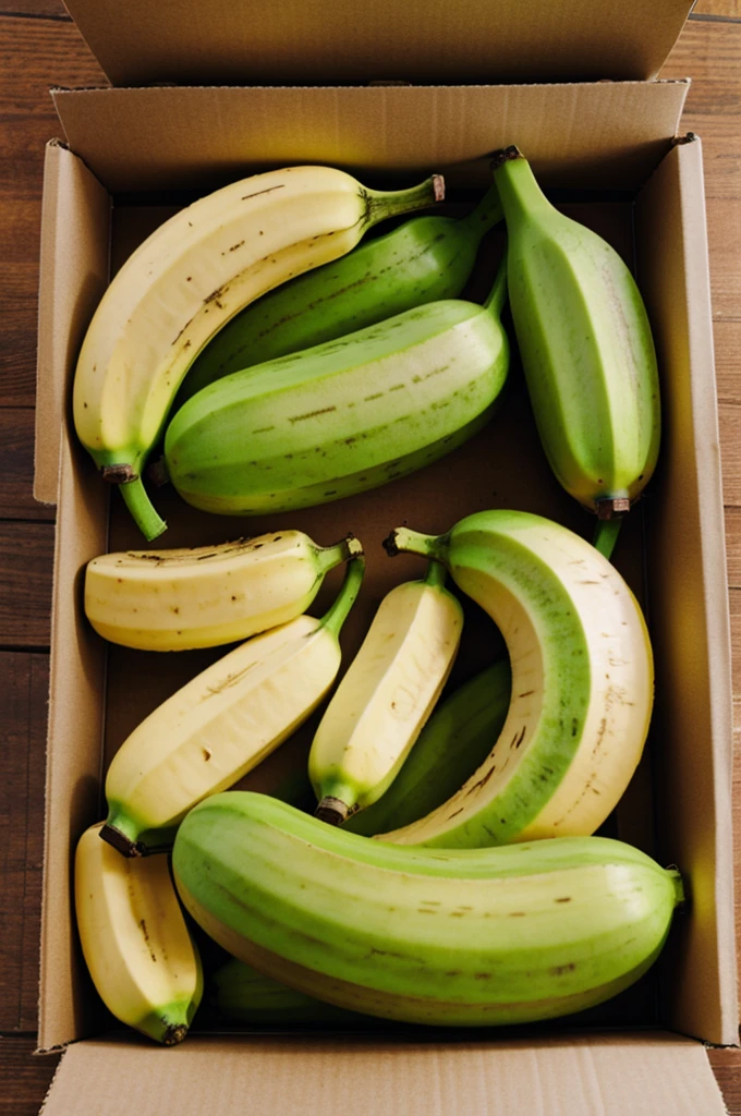 A box with 2 green bananas and one ripe banana