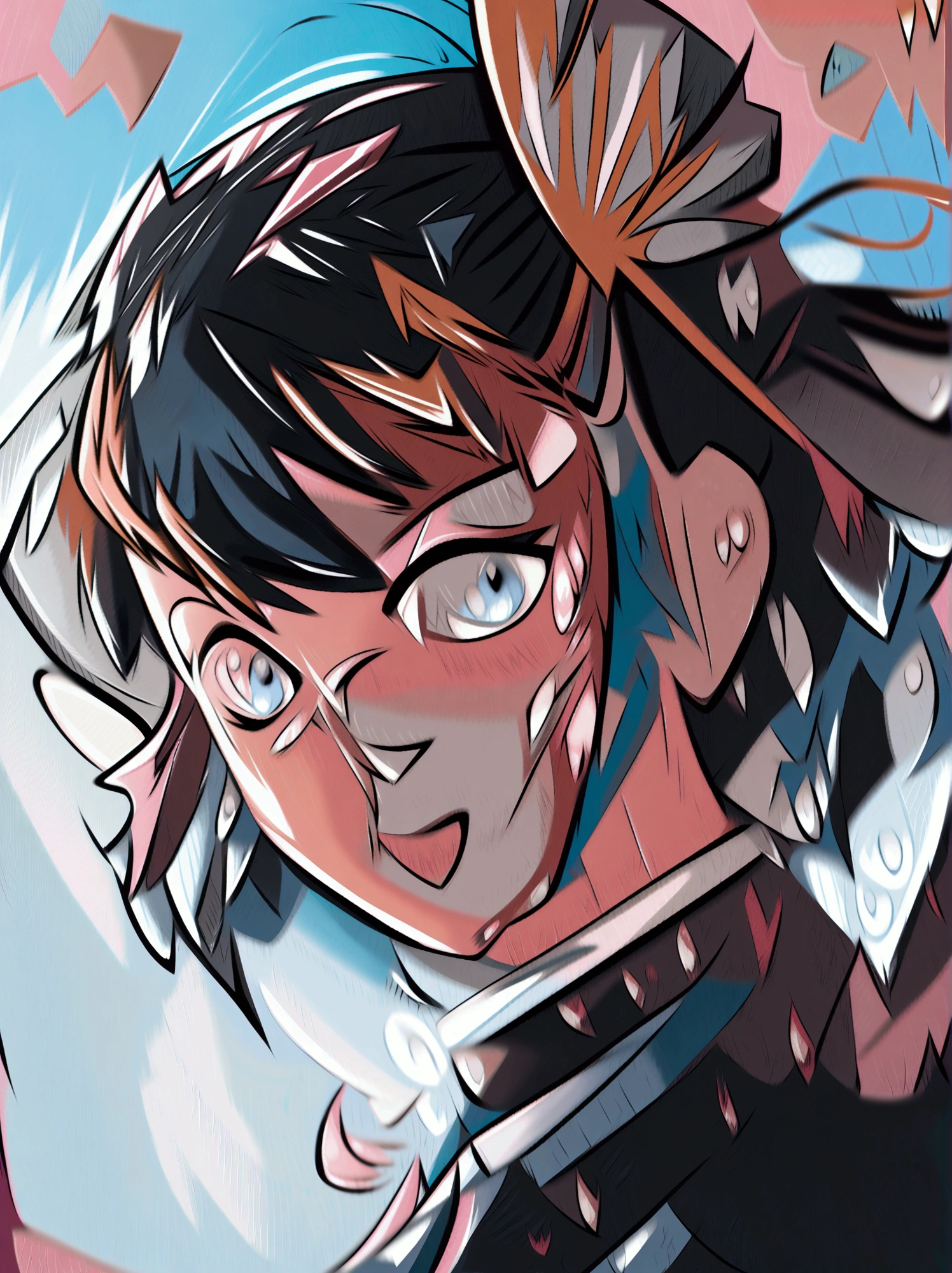 a detailed portrait of a young female demon slayer from Kimetsu no Yaiba, high angle view, iconic pose, subtle smile, blue eyes, black hair, exquisite details, dramatic lighting, vibrant colors, digital art, 8k, , masterpiece