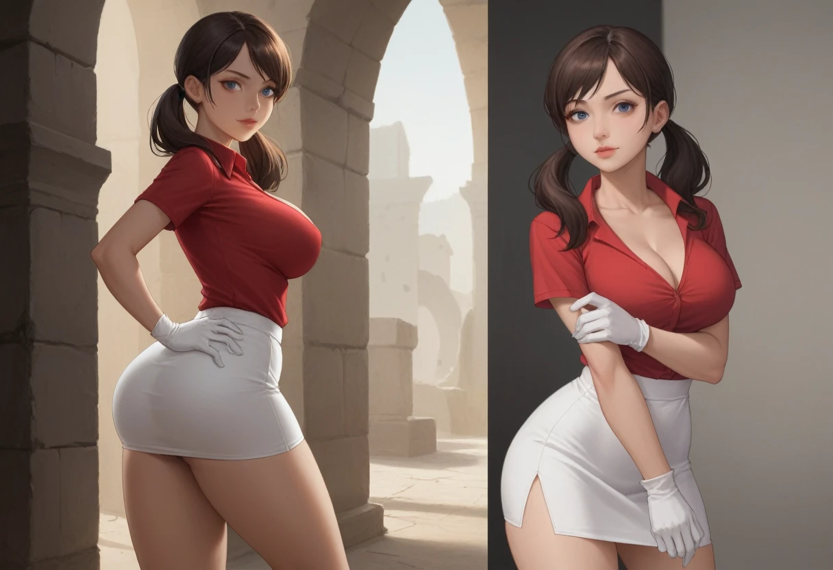 Faded Headshot, faded bottom, faded edges ,score_9,score_8_up,score_7_up,score_6_up,score_5_up, 1girl, May(/pokemon)/,(ultra HD quality details), brown hair, blue eyes, brown hair, long hair, twintails, hair between eyes, bike shorts, collared shirt, gloves, microskirt, multicolored shirt, pencil skirt, red shirt, shirt, cleavage, short sleeves, skirt, white skirt, , digital illustration, disney, rule 63, full body, perfect anatomy, perfect face, butt showing esthetically, abstract beauty, beautiful, centered, looking at the camera, approaching perfection, dynamic,ruins in the moonlight, highly detailed, watercolor painting, artstation, concept art, smooth, sharp focus, illustration, (cowboy shot:1.2), (close up:1.5), portrait, huge breasts, deep cleavage ,photo_b00ster,red bandana