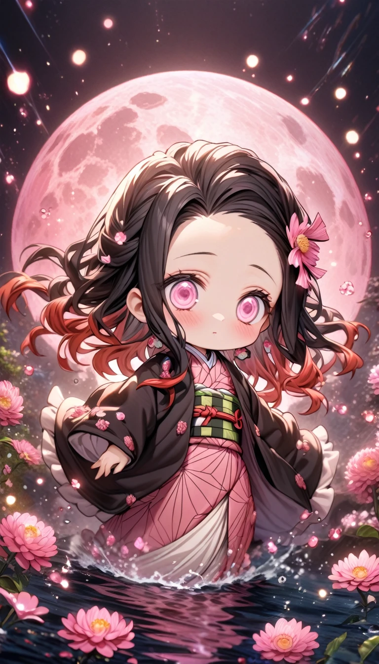 absurdres, highres, ultra detailed, HDR, master piece, best quality, extremely detailed, Kamado Nezuko chibi, black hair, expressive pink eyes, Kimetsu No Yaiba, solo, cute, black haori, pink kimono, fantasy, water, sparkling, pink glittering fireflies, pink moon, pink blossoms, pink chrysanthemums, pink sparkling lights, starry sky