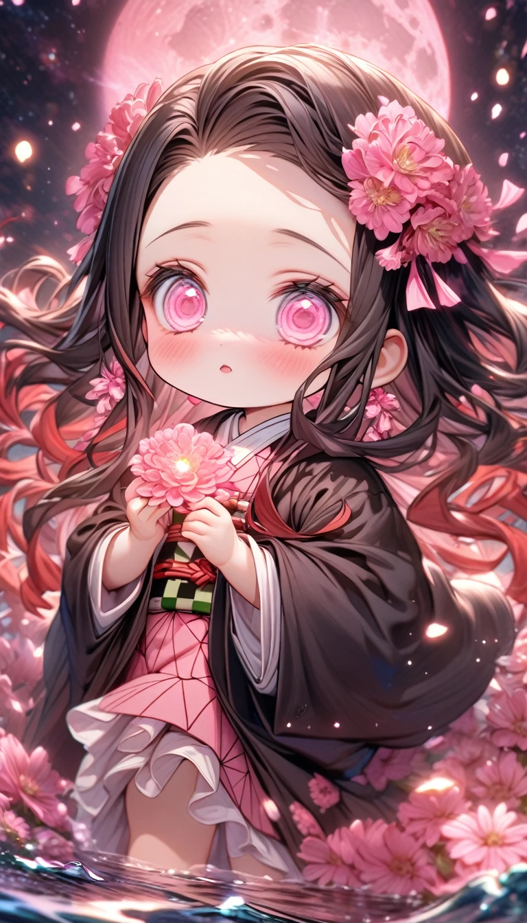 absurdres, highres, ultra detailed, HDR, master piece, best quality, extremely detailed, Kamado Nezuko chibi, black hair, expressive pink eyes, Kimetsu No Yaiba, solo, cute, black haori, pink kimono, fantasy, water, sparkling, pink glittering fireflies, pink moon, pink blossoms, pink chrysanthemums, pink sparkling lights, starry sky