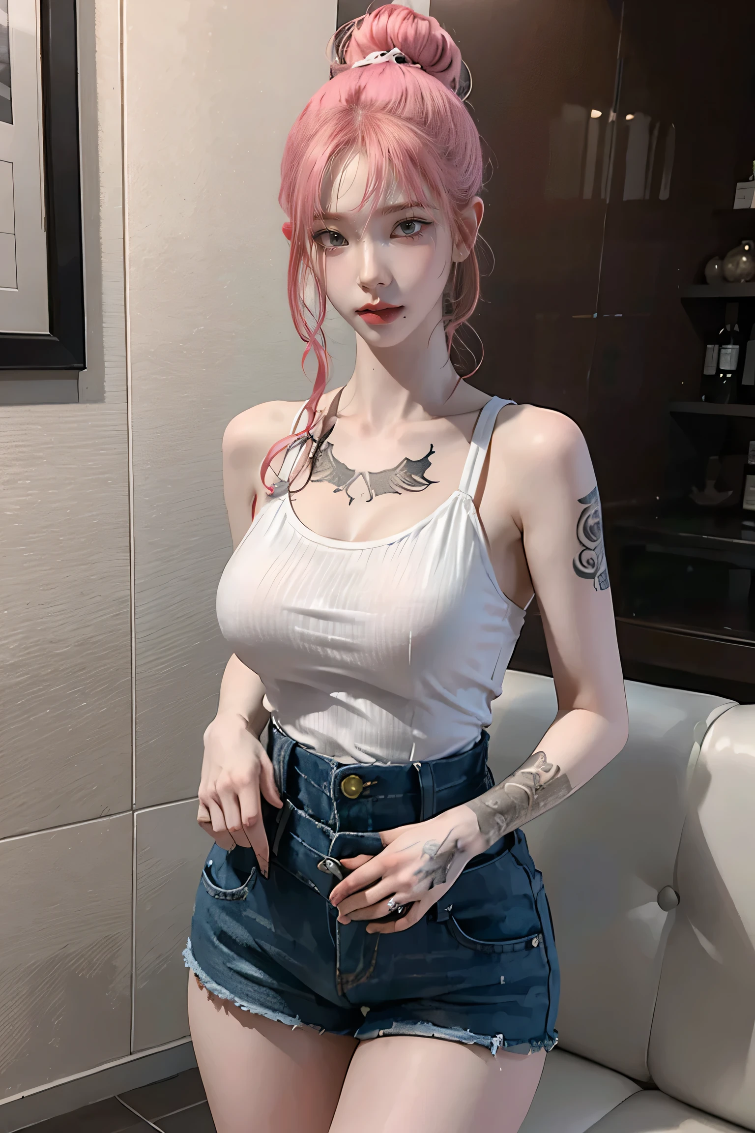 (Chest puffing pose),(Random Hairstyles),(Best image quality,(8K),Ultra-realistic,最high quality, high quality, High resolution, high quality,Attention to detail,Beautiful details,Fine details,Extremely detailed CG,Detailed Texture,Realistic facial expressions,masterpiece,in front),Bodysuits,stockings,Pink Hair, ,, (((Tight waist))), ((Big Breasts)),(See-through),(((He has many tattoos all over his body)),