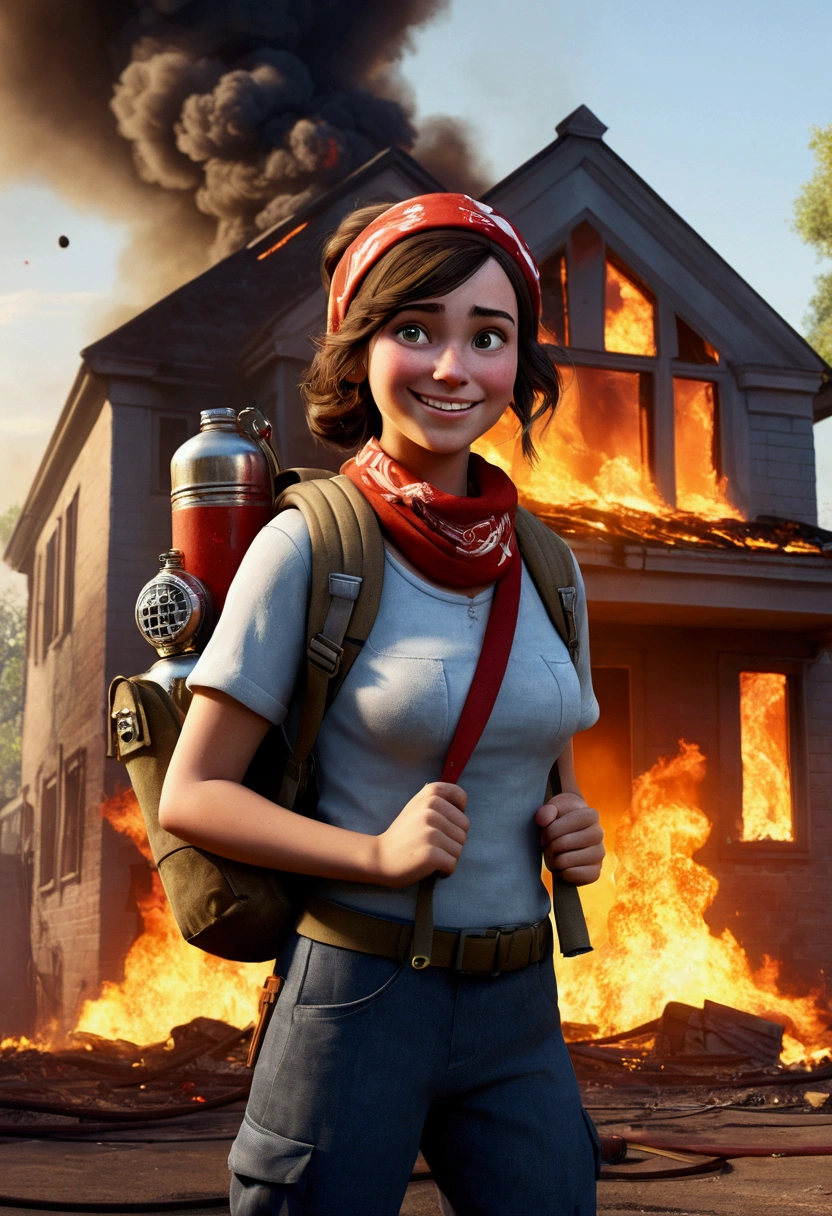 A Pixar/Disney style girl with a mischievous smile, with a bandana and a backpack loaded with grenades, dynamites, molotovs, bazookas and whatever else you want to add, with her body on the right side, in front of a burning house with firefighters at the side image background. ((text as if she was thinking: “I JUST WANT TO SEE THE CIRCUS CATCH FIRE” text in D3, capital letters, gold color, 3d render, typography, cinematic