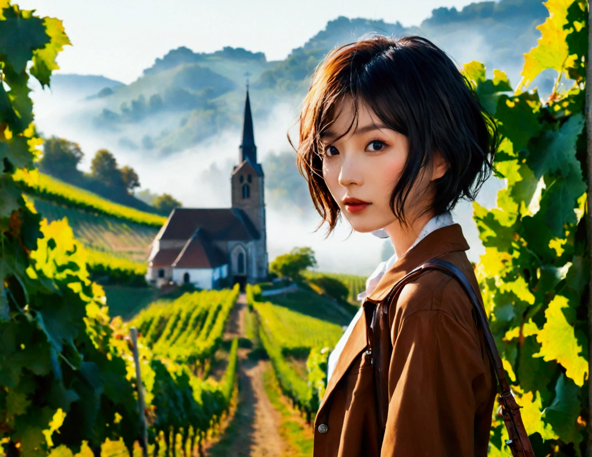 Woman in a beautiful landscape 8K highest quality, Beautiful 36-year-old Korean woman, Chest size 34 inches, Passing through the vineyards in the Swiss countryside, the cathedral is visible through the early morning fog., The back background is realistic and vivid image quality, short medium hair, Casual and British - (summer jacket) ,Perfect and realistic photos, The background is realistic. Full body shot with Canon camera 16-35 wide angle lens, expressionless, Walking up a vineyard hill covered in thick fog., Walking towards the front camera.