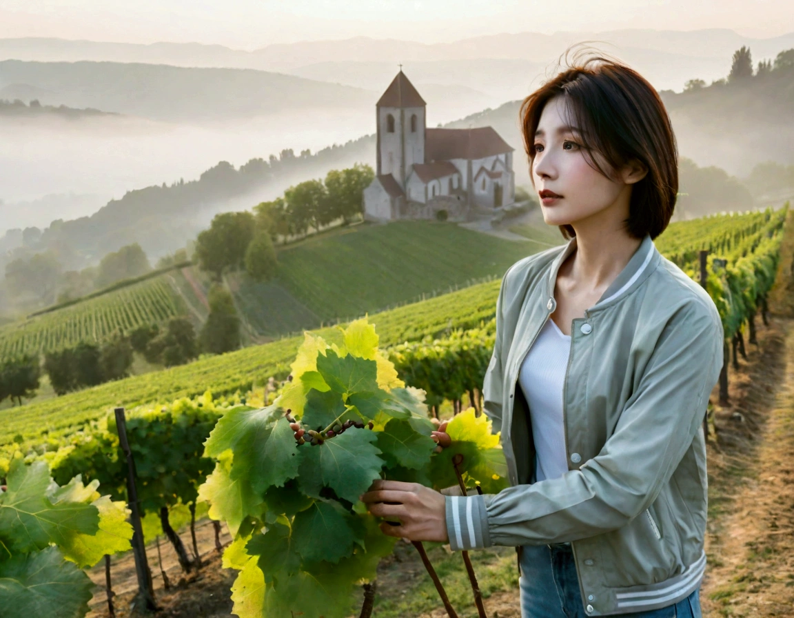 Woman in a beautiful landscape 8K highest quality, Beautiful 36-year-old Korean woman, Chest size 34 inches, Passing through the vineyards in the Swiss countryside, the cathedral is visible through the early morning fog., The back background is realistic and vivid image quality, short medium hair, Casual and British - (summer jacket) ,Perfect and realistic photos, The background is realistic. Full body shot with Canon camera 16-35 wide angle lens, expressionless, Walking up a vineyard hill covered in thick fog., Walking towards the front camera.