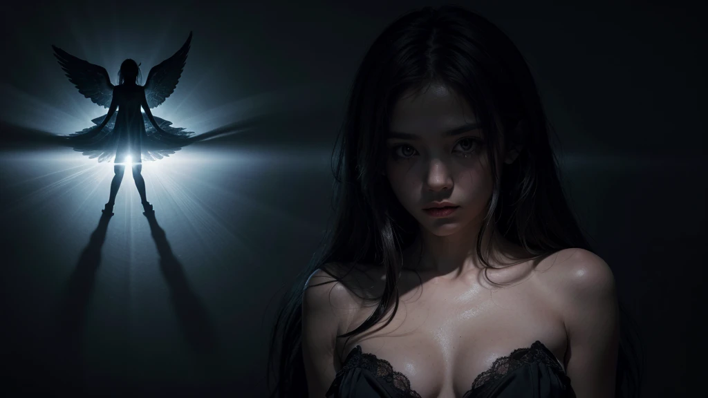 Create an image of an angel shadow with a dark background and the words “Which Mysterious Angel Exists?”
The image must contain a dark and mysterious atmosphere.