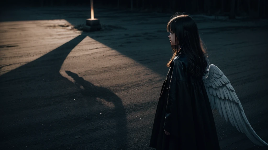 Create an image of an angel shadow with a dark background and the words “Which Mysterious Angel Exists?”
The image must contain a dark and mysterious atmosphere.