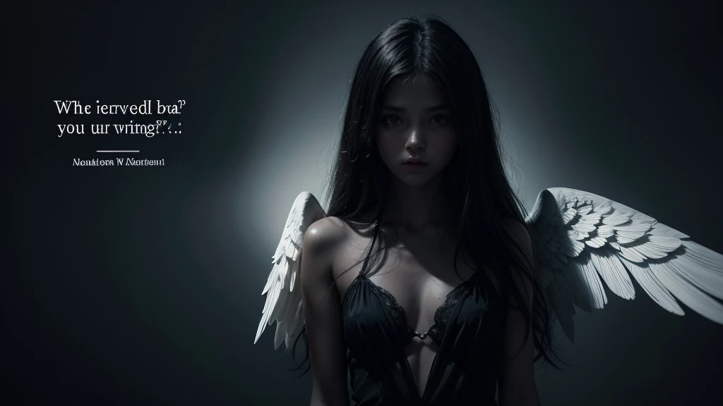 Create an image of an angel shadow with a dark background and the words “Which Mysterious Angel Exists?”
The image must contain a dark and mysterious atmosphere.