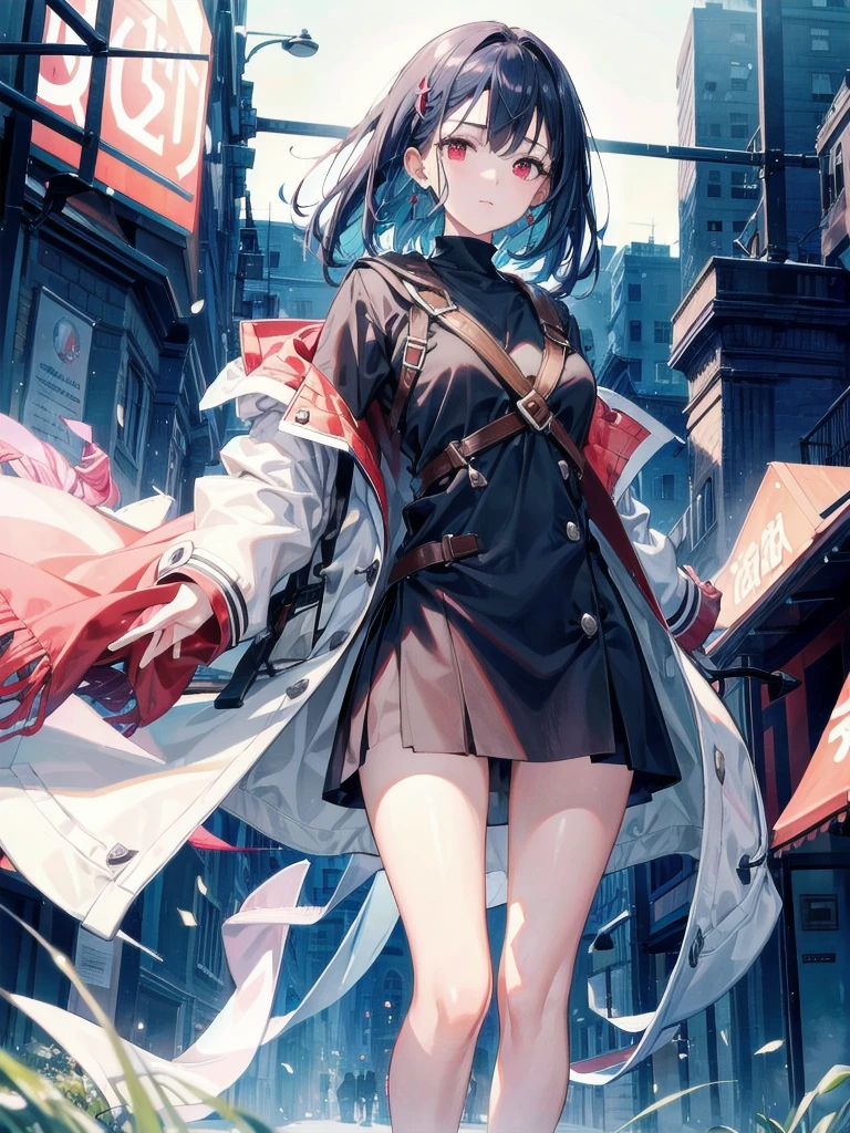 absurdres, RAW photo, extremely delicate and beautiful, masterpiece, Best Quality, ultra high resolution, 32k, hyperrealistic, ultra-detailed, perfect figure, in her 20s, very small head, very small face, delicate facial features, tearful mole, earring, very huge breasts, bare legs, full body shot, medium hair, red eyes, colored inner hair, student, duffle coat,