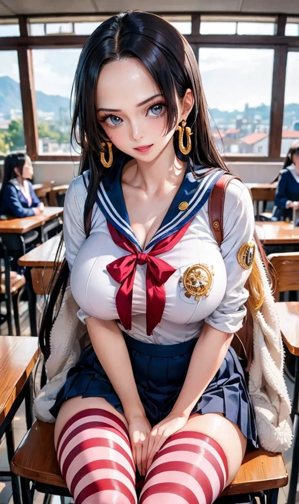 best quality, masterpiece, highly detailed,1girl, Boa Hancock,, (masterpiece:1.5), Detailed Photo, Smiling,(8K, Photorealistic, Best Quality: 1.4), (1girl), Beautiful Face, (anime realistic Face), (Black Hair, long Hair: 1.3), Beautiful Hairstyle, Realistic eyes, beautiful detail eyes, (realistic skin), beautiful skin, (sweater), absurd, attractive, ultra high resolution, ultra realistic, high definition, golden ratio, Huge breasts, Big Ass, Slim waist, Wide hips, (super tight uniform school), view from behind, back view