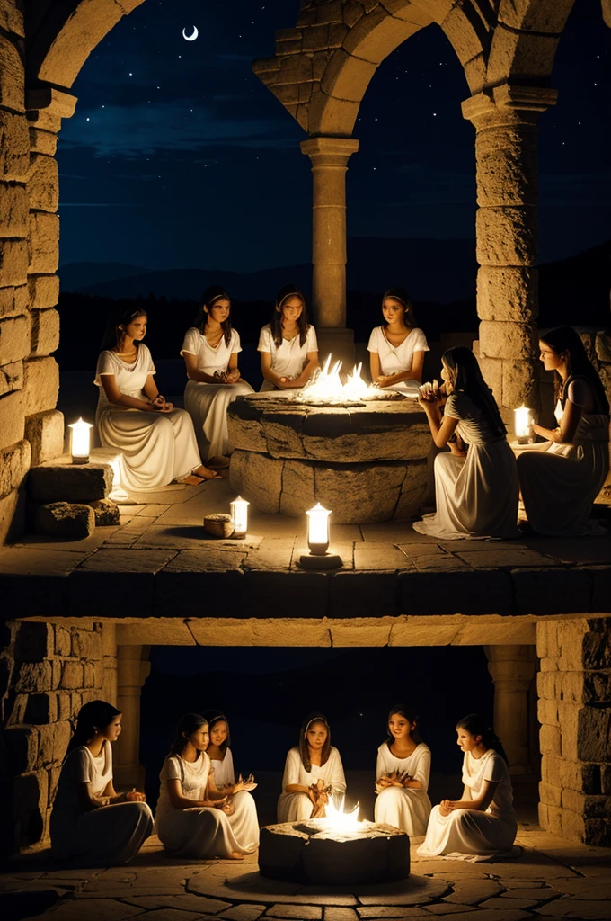 Create an illustration of 10 young women dressed in white, sitting against a huge stone at night, each holding a lamp, five of the ten women are asleep with their lamps out of light, while the other five are wide awake with their lamps burning bright.