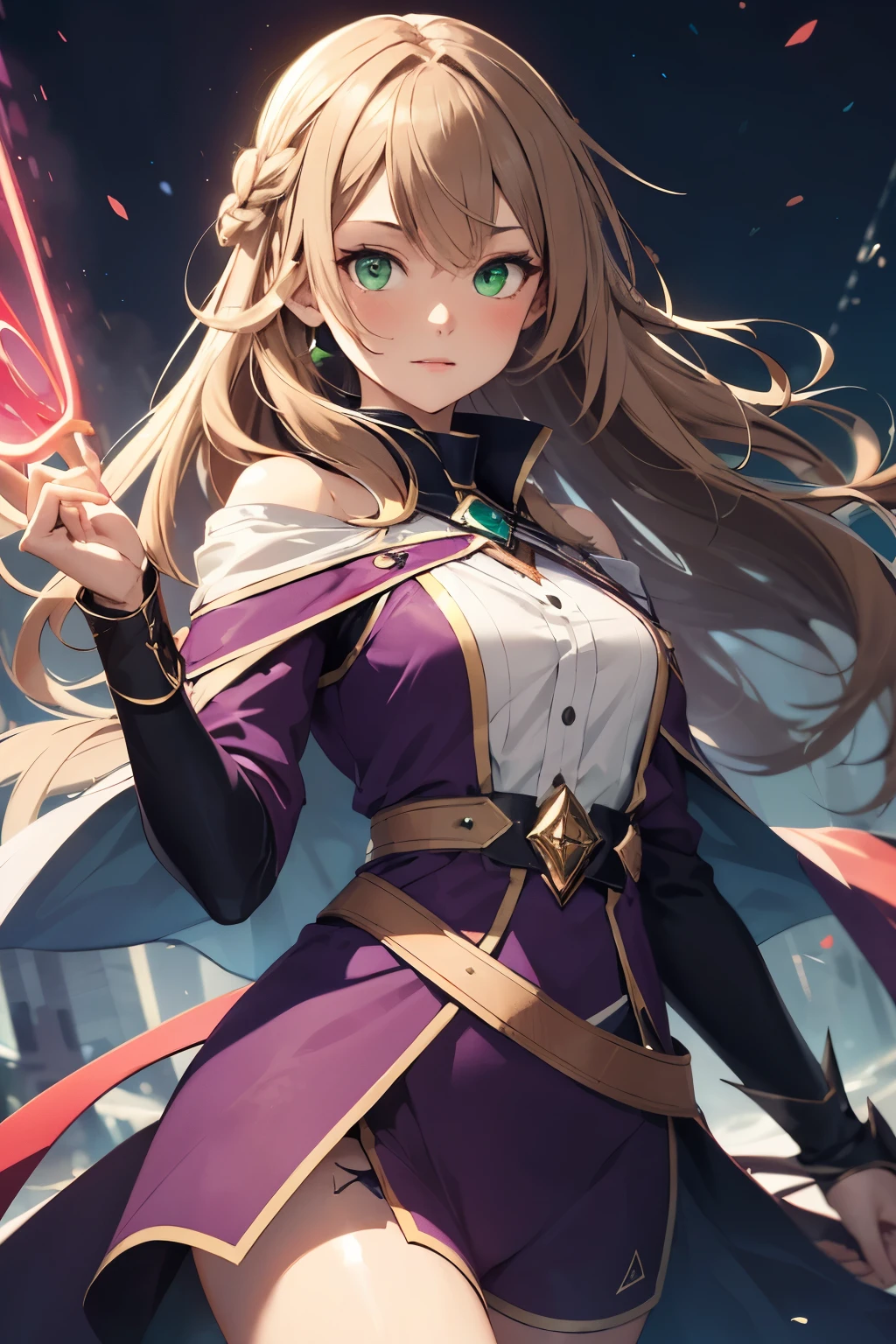 Girl with long light brown hair and green eyes wearing a purple mage outfit and using red light magic