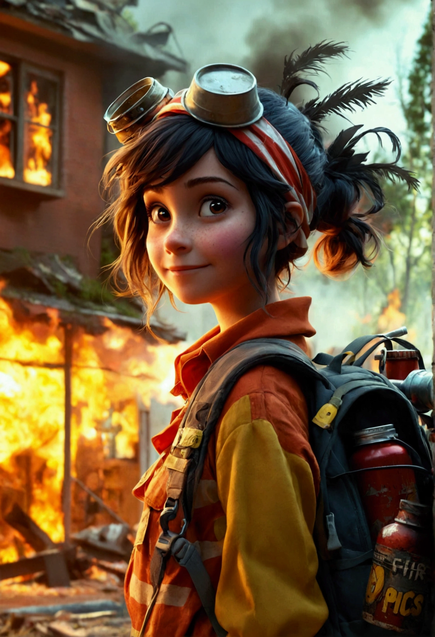 A Pixar/Disney style girl with a mischievous smile, with a bandana and a backpack loaded with grenades, dynamites, molotovs, bazookas and whatever else you want to add, with her body on the right side, in front of a burning house with firefighters at the side image background. ((text as if she was thinking: “I JUST WANT TO SEE THE CIRCUS CATCH FIRE” text in D3, capital letters, gold color, 3d render, typography, cinematic
