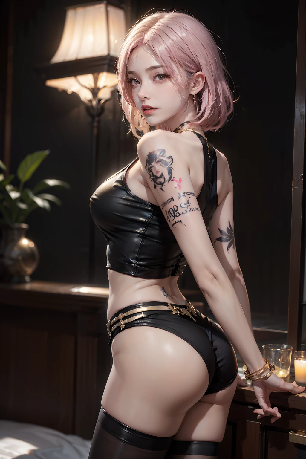 Women, early 20s, short silky pink hair with yellow tips, gold armlet, gold bracelet, golden eyes, seductive look, golden hair pinns, golden key necklace, Inc black tattoo, black thigh highs, shiny skin, arm tattoo, tight clothes, midriff tank top, short shorts, Back tattoo. Thigh tattoo. Tattoo on the thighs, ass tattoo.