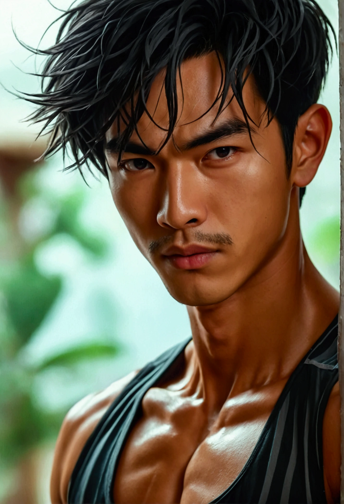 Young man with a Thai-Asian face,small eyes,Sharp eyebrows ,8K images,realistically,Wear a tight sports t-shirt.,Have muscles,Secondary hair style,A little mustache.
