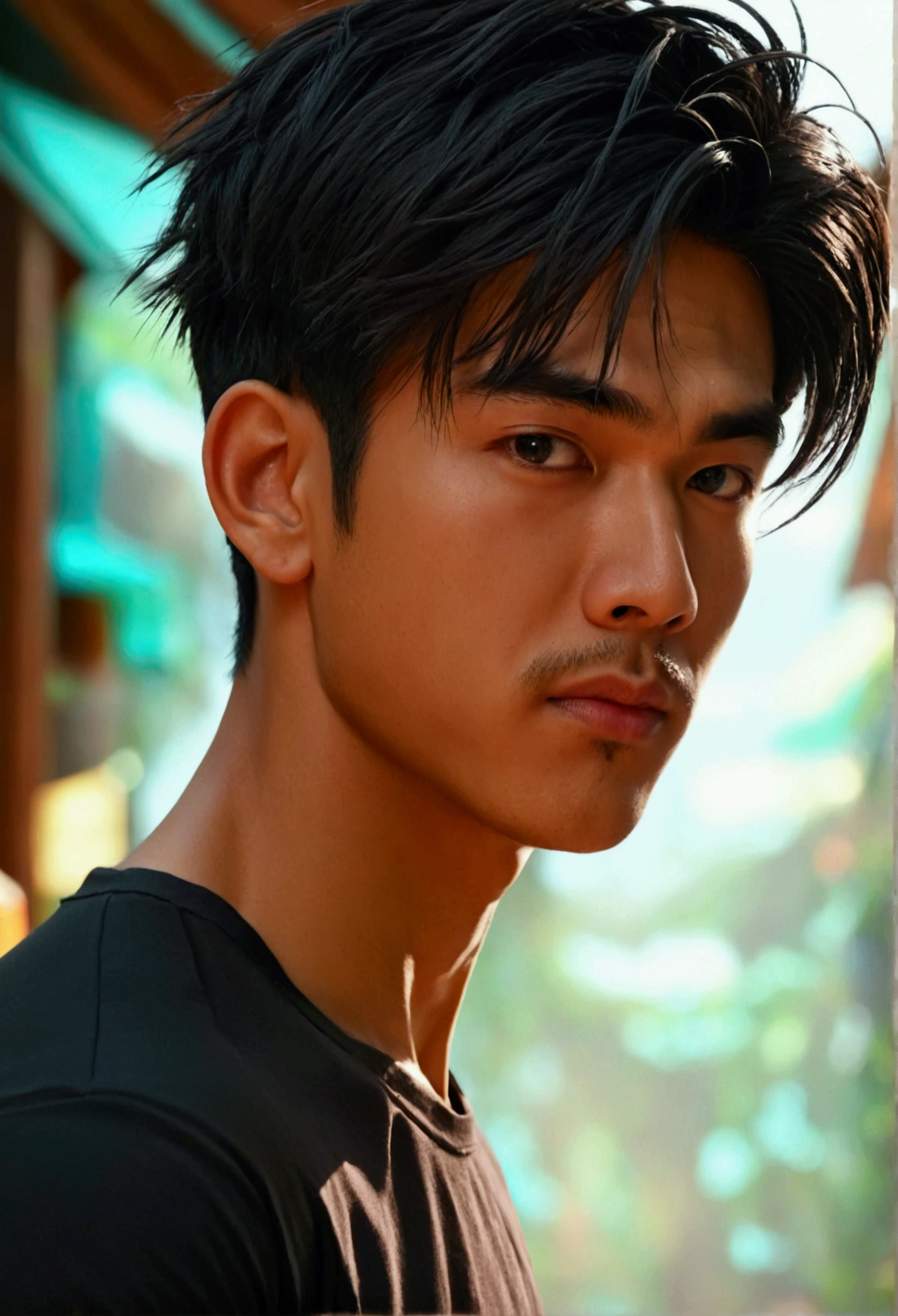 Young man with a Thai-Asian face,small eyes,Sharp eyebrows ,8K images,realistically,Wear a tight sports t-shirt.,Have muscles,Secondary hair style,A little mustache.
