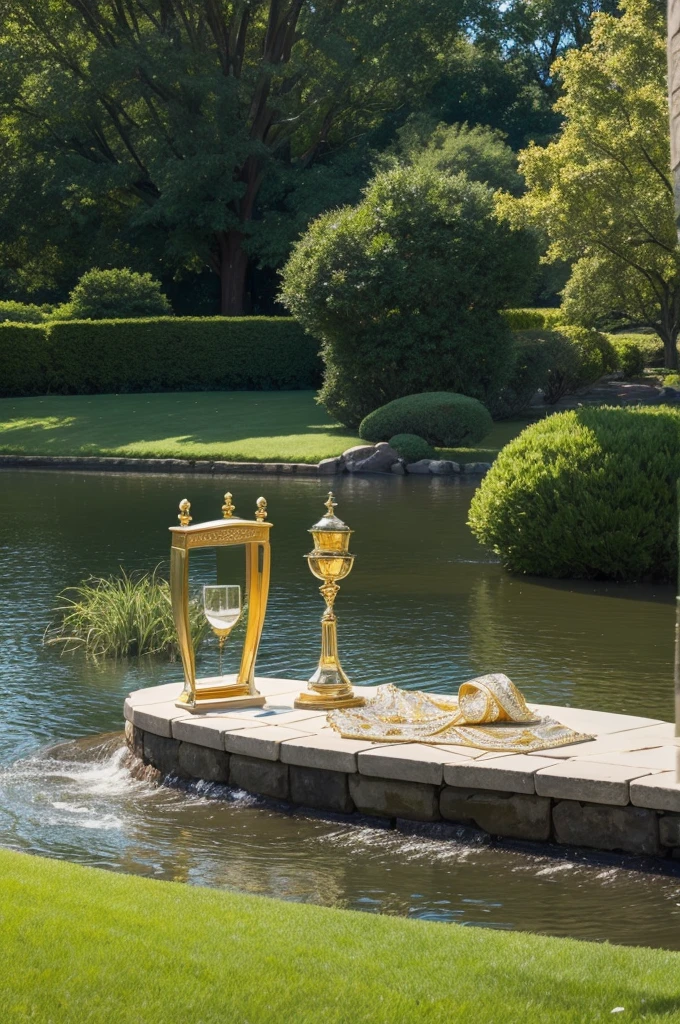 A gold and diamond trophy on a lawn overlooking a river