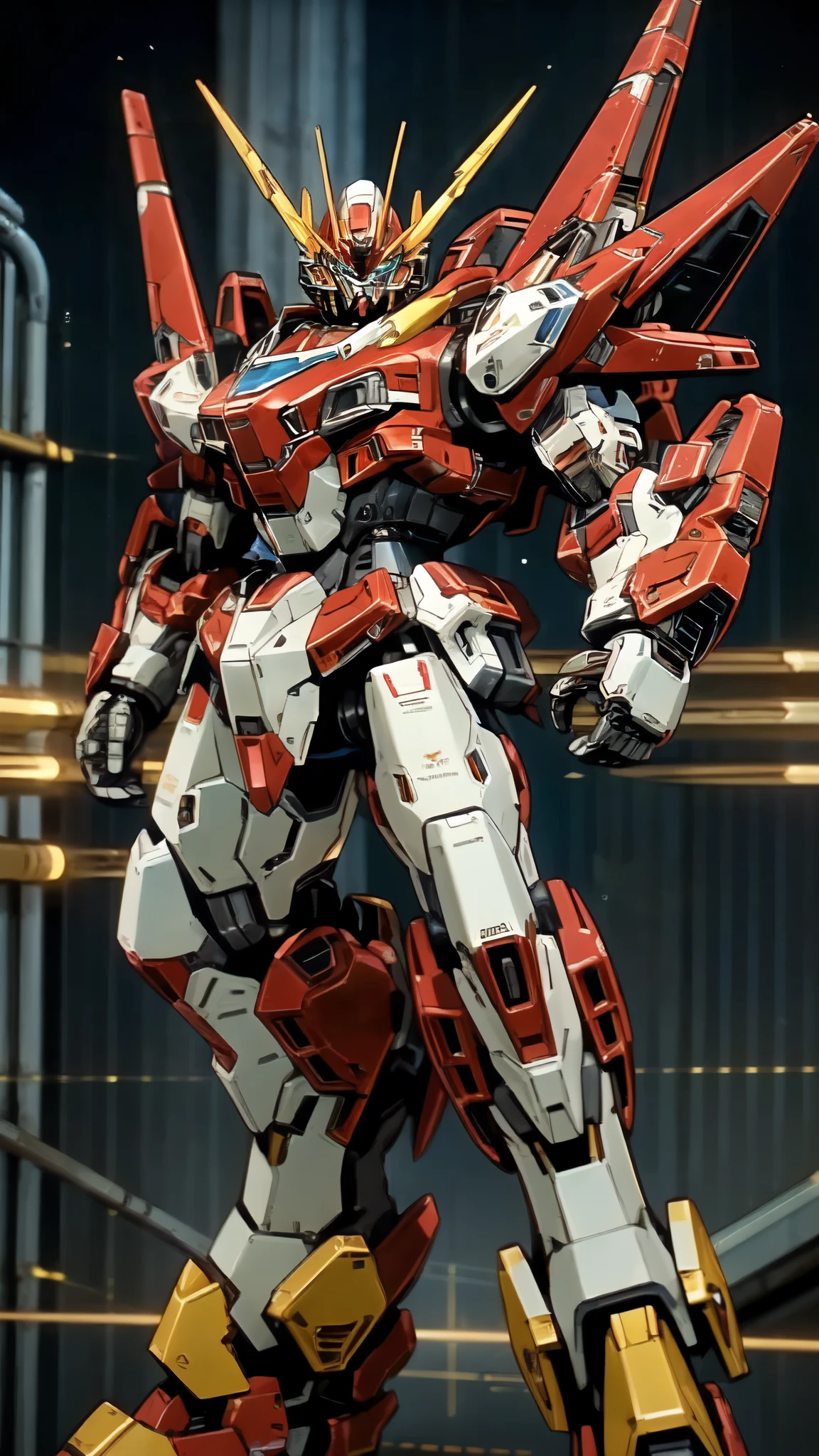 (masterpiece:1.5, best quality:1.5, extremely delicate:1.5, foreshortening:1.5, dynamic angle:1.5), humanoid Mecha, fully enclosed shoulder guards, matching arm and leg guards, full body, full armor, the design balances heavy with agility, (the color scheme is primarily white with red and blue accents, the concept Inspired by Super robot, organic biotech armor, standing, floating high above the futuristic sci-fi city), exquisite and mature art style, (aura effect, energy, glowing eyes, the armor glows), ((SRS)), metallic, dramatic, high definition, highres, ultra-detailed, ultra-fine painting, professional, perfect body proportions, anatomically correct, symmetrical face, extremely detailed eyes and face, high quality eyes, creativity, RAW photo, UHD, 32k, Natural light, cinematic lighting, masterpiece-anatomy-perfect