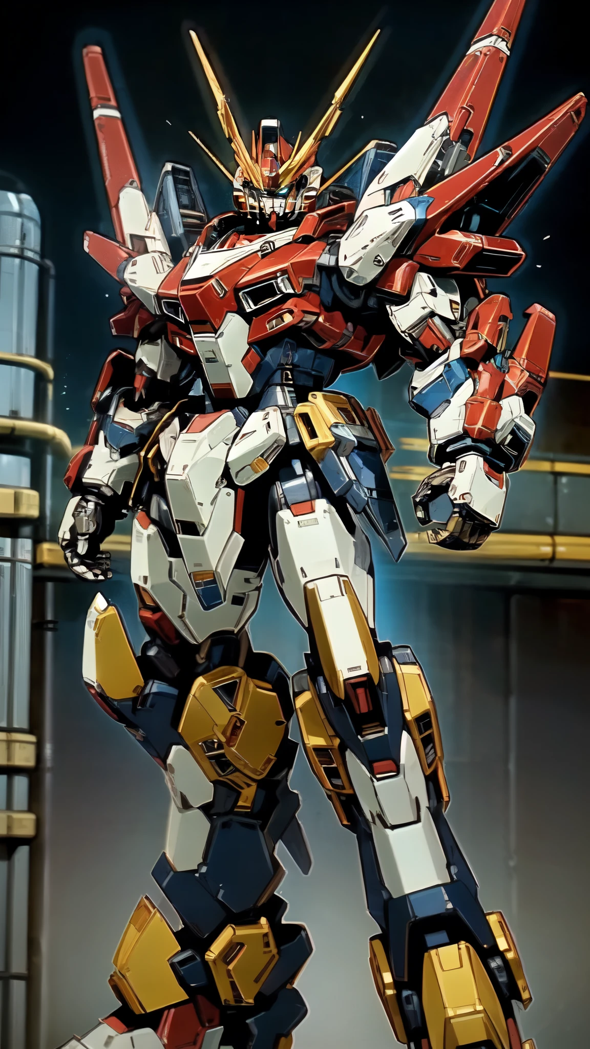 (masterpiece:1.5, best quality:1.5, extremely delicate:1.5, foreshortening:1.5, dynamic angle:1.5), humanoid Mecha, fully enclosed shoulder guards, matching arm and leg guards, full body, full armor, the design balances heavy with agility, (the color scheme is primarily white with red and blue accents, the concept Inspired by Super robot, organic biotech armor, standing, floating high above the futuristic sci-fi city), exquisite and mature art style, (aura effect, energy, glowing eyes, the armor glows), ((SRS)), metallic, dramatic, high definition, highres, ultra-detailed, ultra-fine painting, professional, perfect body proportions, anatomically correct, symmetrical face, extremely detailed eyes and face, high quality eyes, creativity, RAW photo, UHD, 32k, Natural light, cinematic lighting, masterpiece-anatomy-perfect