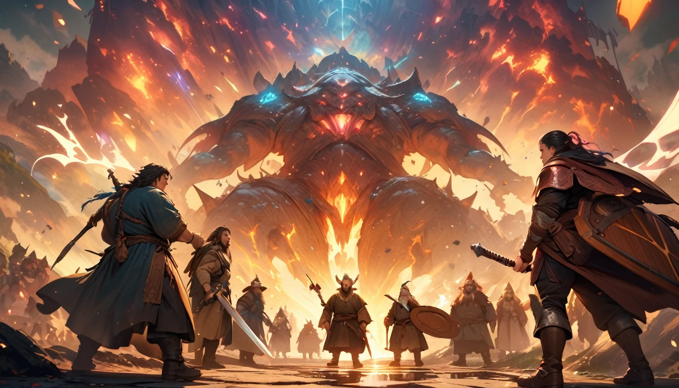 (masterpiece:1.4), (Highest quality:1.4), Very detailed, Complex, Very detailed, shape,Soft lighting, Scenic, Brandishing a Sword, A face full of fighting spirit, Spirit, More than one person, Mixed gender, a group of adventurers, character from RPG games, (character: human, Fairy, Fairy, Dwarf, The Hobbit), (exterior: Swordsman Style, Shaman Style, Monk Style, Magician style), (belongings: Long sword, dagger, Holy Staff, Magic wand, shield, metal armor, Leather Armor), Perfectly accurate anatomical shape、All limbs intact、Perfect full finger, Colorful characters, A landscape colored in earth tones, Huge, Majestic, Fighting Hero, Uplifting expressions, Serious face.