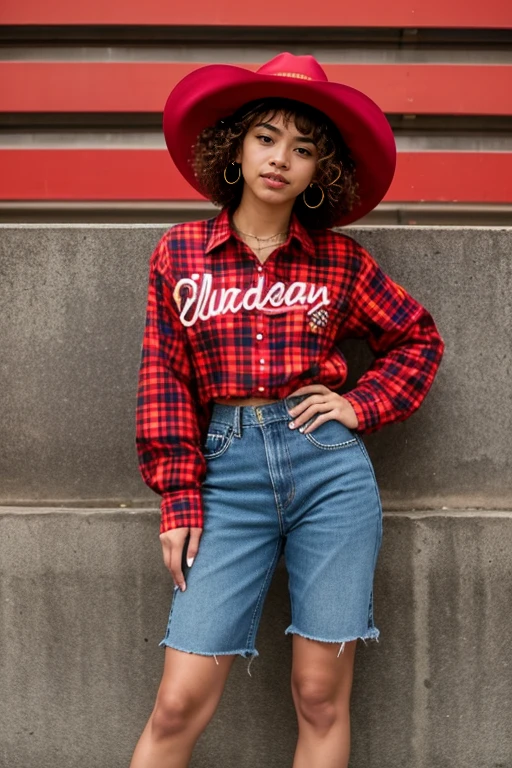 Full body show, photo view, Zendaya, short curly hair, in a cowboy hat posing, wearing a red lumberjack shirt ,Background of Barcelona's Gothic Quarter, 8k hd, dslr, soft lighting, high quality of image, Film grain, Fujifilm XT3