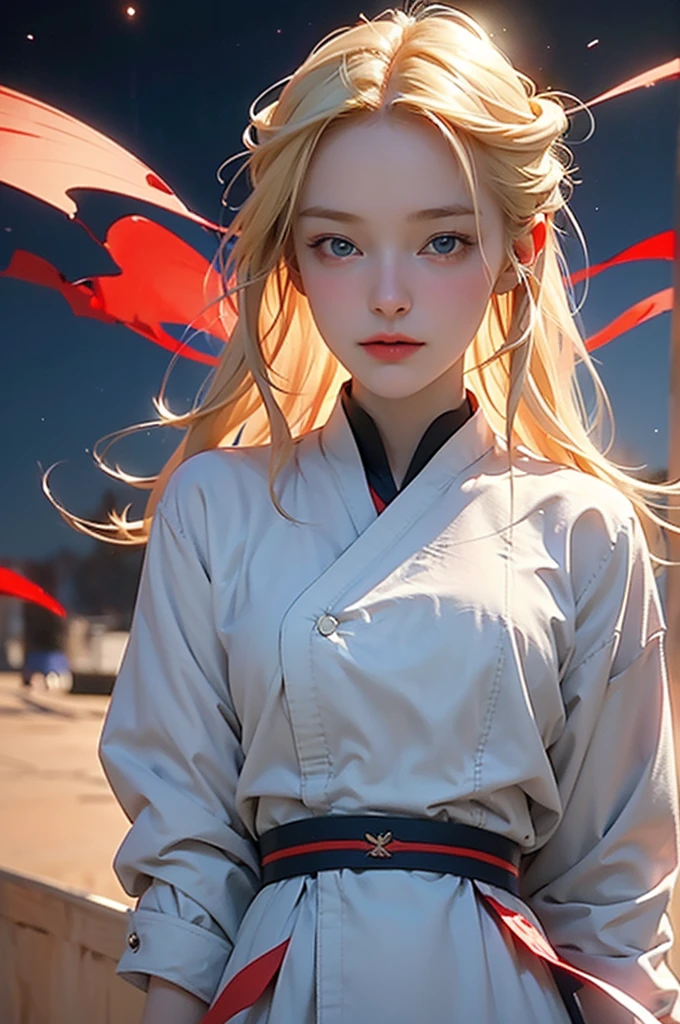 1 Girl, lol, Blonde hair, blue eyes, sopi, Soviet Pioneers, Soviet Union flag, Subtle narrative, Festive mood, Atmospheric perspective, Dynamic Movement, Ethereal quality,Solitary,Low fantasy,Vivid brushwork, Eye-Catching Composition, Psychedelic imagery,