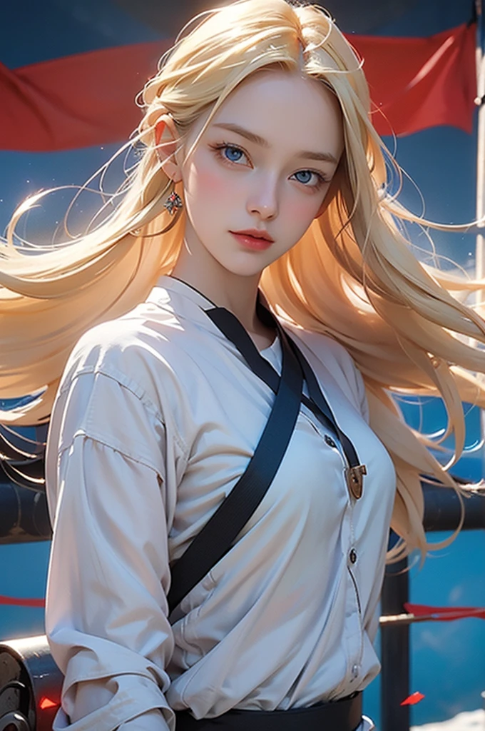 1 Girl, lol, Blonde hair, blue eyes, sopi, Soviet Pioneers, Soviet Union flag, Subtle narrative, Festive mood, Atmospheric perspective, Dynamic Movement, Ethereal quality,Solitary,Low fantasy,Vivid brushwork, Eye-Catching Composition, Psychedelic imagery,