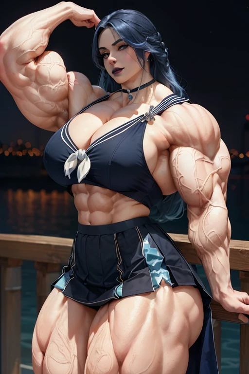 ((((Massive tall, beautiful, buff, pale white skinned muscular woman with royal blue hair, black lipstick, ginormous bulky muscles and wearing a beautiful royal blue sailor top with long sailor skirt)))), (close view), (massive muscles), long curly wavy hair, ((long royal blue sailor skirt)), white eyes, choker, (((beautiful royal blue sailor top))), belt, thigh high socks, black boots, (in the docks), (closed smile), night, massive muscles