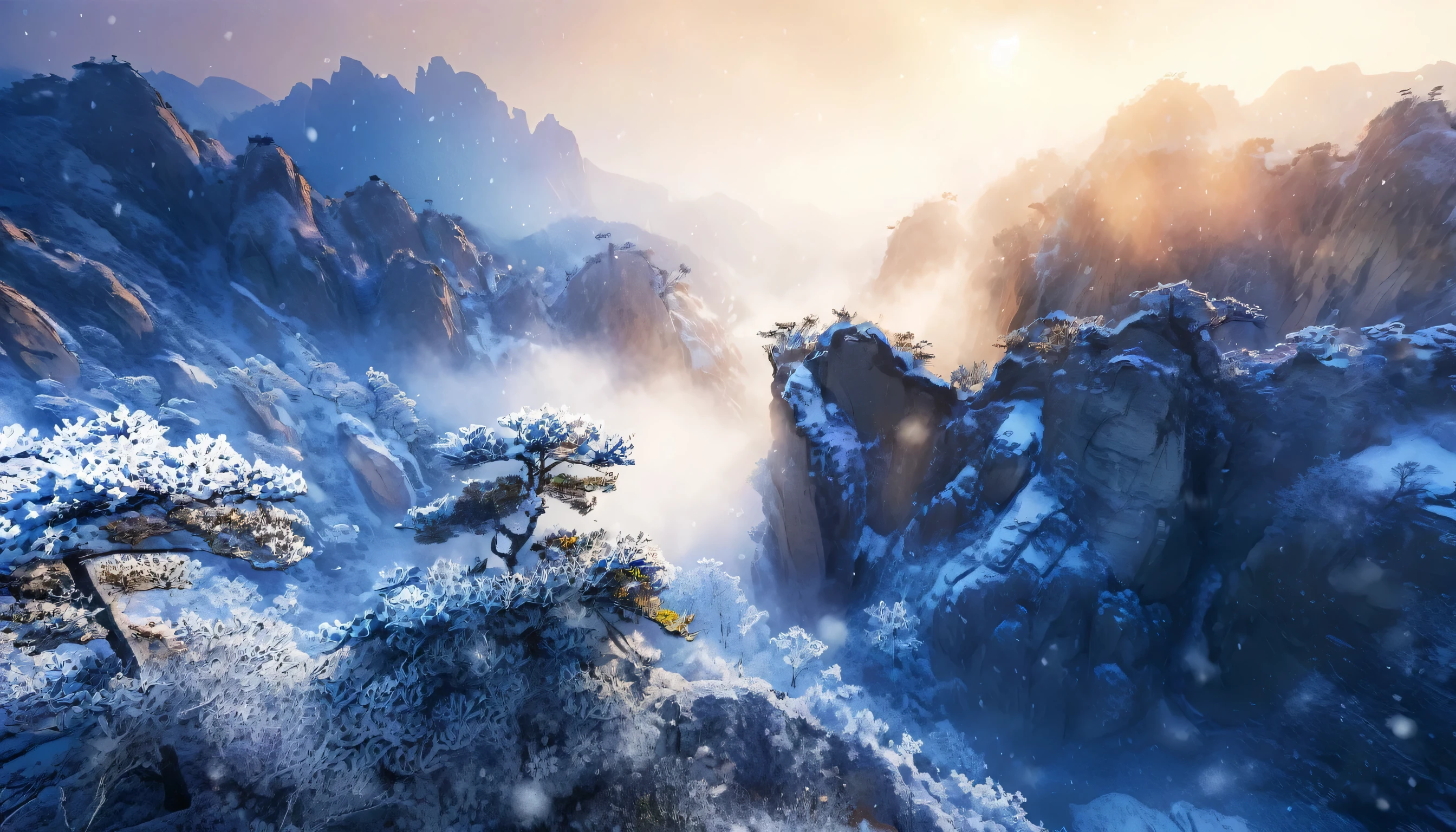 Scenery photography, Northern China Landscape, Amazing Taihang Mountain winter landscape, Taihang Mountain, snow, Big Snowflake, Shot with a Hasselblad camera, Prime Time, National Geographic Style, Award-winning photography, masterpiece, 4K, Ultra HD