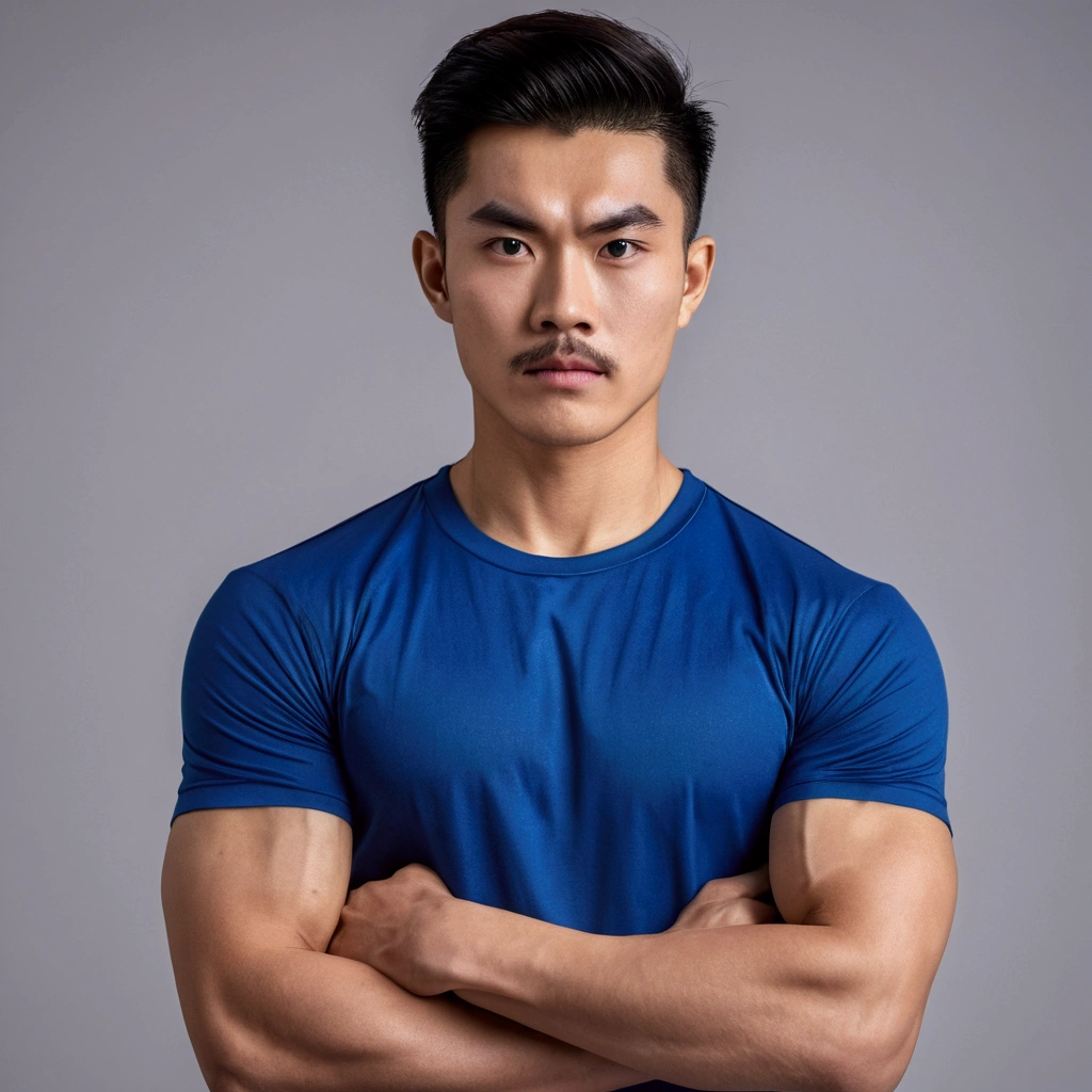 Young man with a Thai-Asian face,small eyes,Sharp eyebrows ,8K images,realistically,Wear a tight sports t-shirt.,Have muscles,Secondary hair style,A little mustache.