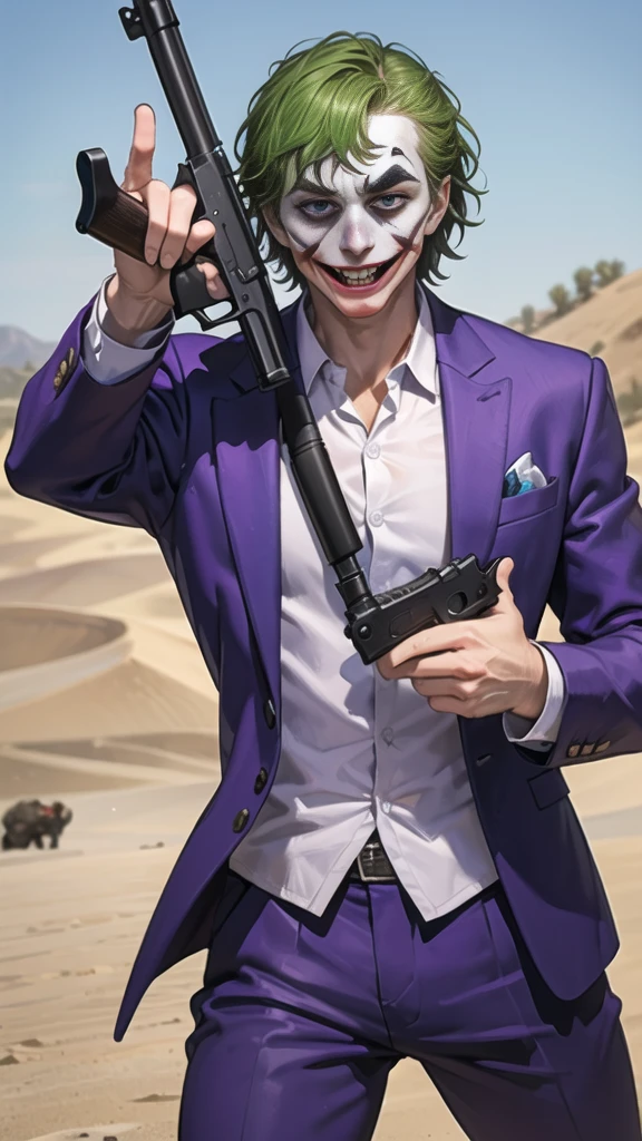 Masterpiece, best quality, The Joker wears a purple suit., , look at viewer, Aim the gun., ถือpistol, look at viewer, stand, , ((pistol)),((Aim the gun.ไปที่ผู้ชม)),gun possession, desert, Laugh and laugh