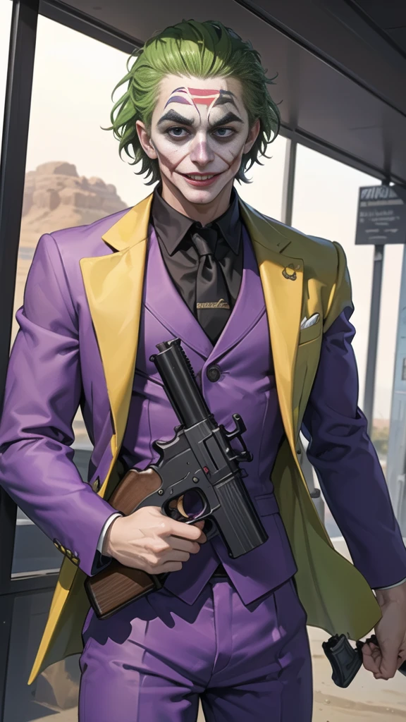 Masterpiece, best quality, The Joker wears a purple suit., , look at viewer, Aim the gun., ถือpistol, look at viewer, stand, , ((pistol)),((Aim the gun.ไปที่ผู้ชม)),gun possession, desert, Laugh and laugh