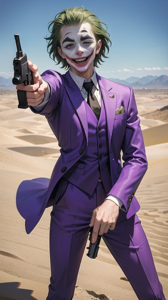 Masterpiece, best quality, The Joker wears a purple suit., , look at viewer, Aim the gun., ถือpistol, look at viewer, stand, , ((pistol)),((Aim the gun.ไปที่ผู้ชม)),gun possession, desert, Laugh and laugh