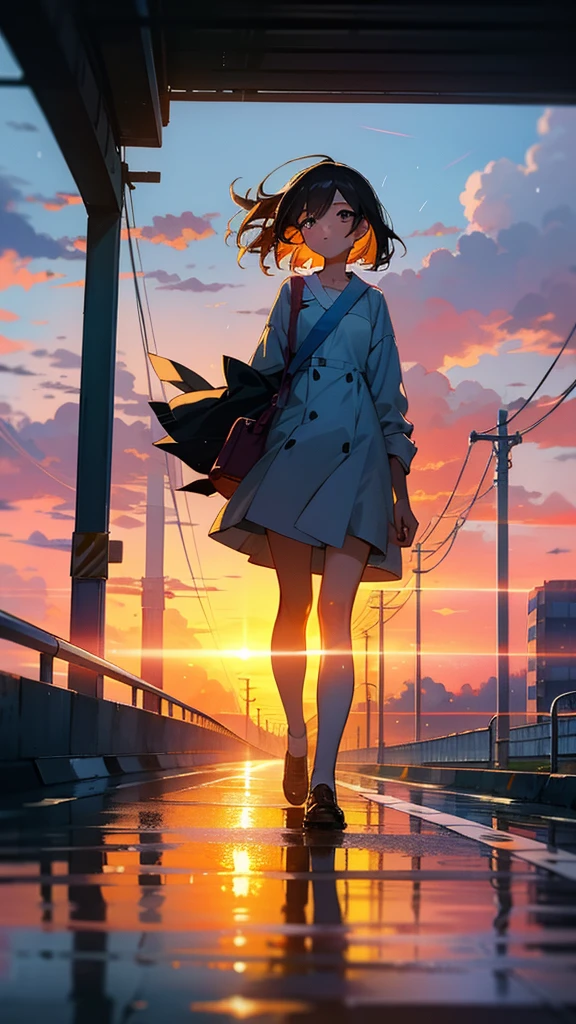 A girl on an overpass on the road,Looking at the sunrise at eight o'clock in the morning,It had just rained lightly,Clear air,Sunlight and rainwater above the road reflect on the building