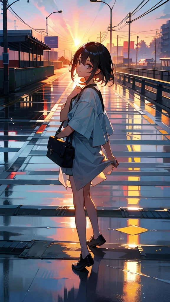 A girl on an overpass on the road,Looking at the sunrise at eight o'clock in the morning,It had just rained lightly,Clear air,Sunlight and rainwater above the road reflect on the building
