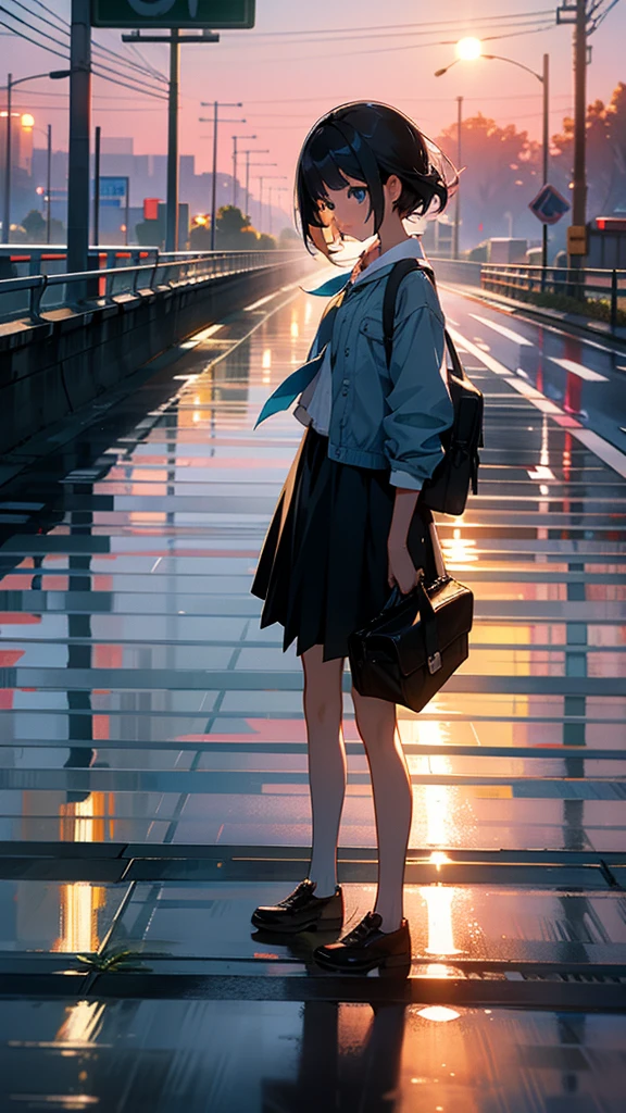 A girl on an overpass on the road,Looking at the sunrise at eight o'clock in the morning,It had just rained lightly,Clear air,Sunlight and rainwater above the road reflect on the building