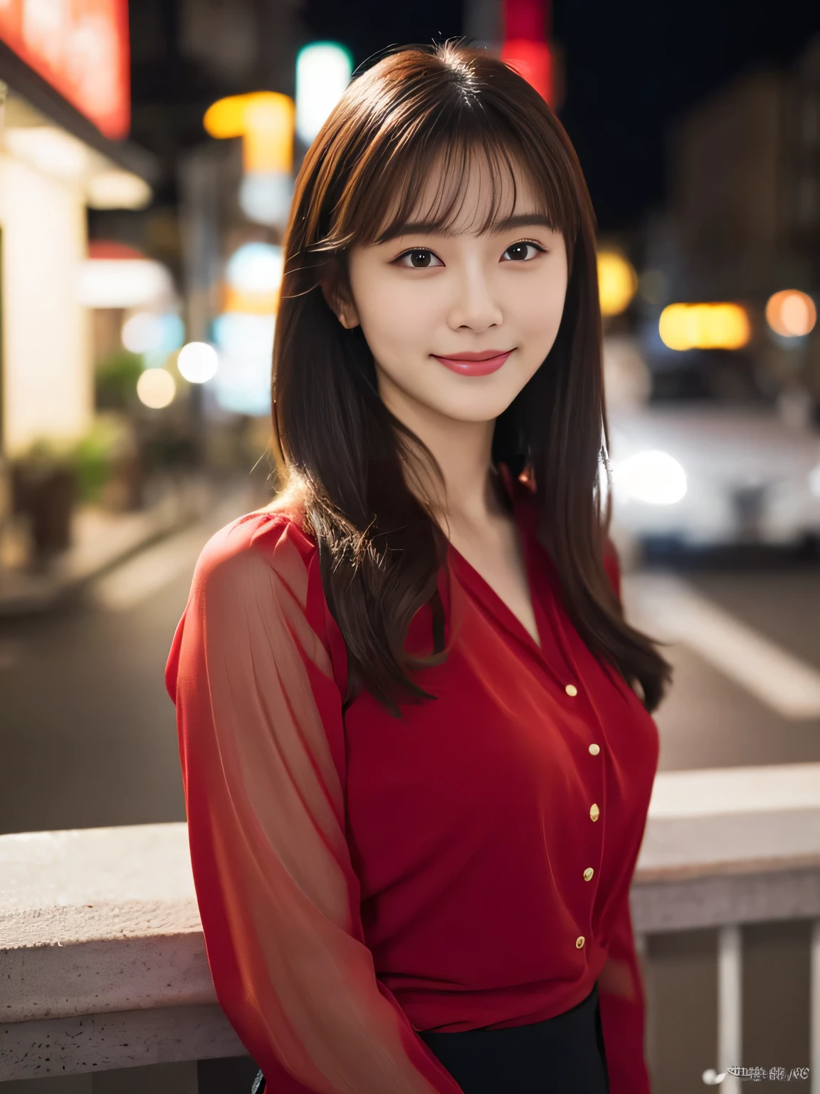 1 girl, (wearing a red blouse:1.2), Beautiful Japan actress,
(RAW photo, highest quality), (realistic, Photoreal:1.4), masterpiece,
very delicate and beautiful, very detailed, 2k wallpaper, wonderful,
finely, Very detailed CG Unity 8K 壁紙, super detailed, High resolution,
soft light, beautiful detailed girl, very detailed目と顔, beautifully detailed nose, beautiful and fine eyes, long hair, normal size cheist,
cinematic lighting, Against the backdrop of the cityscape at night, city lights, perfect anatomy, slender body, smile, Random body orientation,